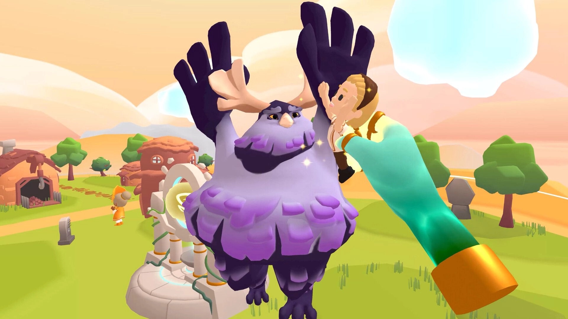 How to God: Giant hands lift a purple bird creature as a villager clings on in a sunny village.