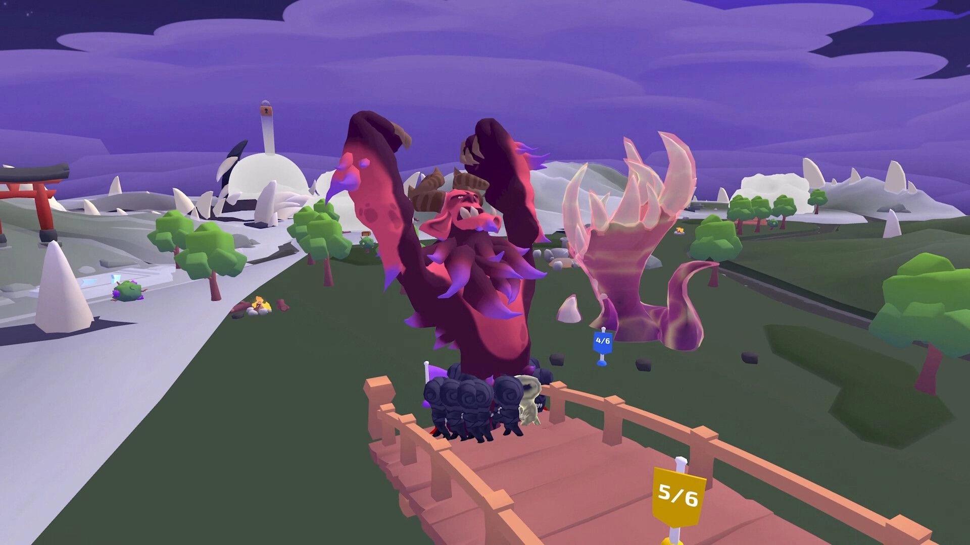 How to God: Giant winged monster towers over villagers on bridge in stylized valley with quest flags.