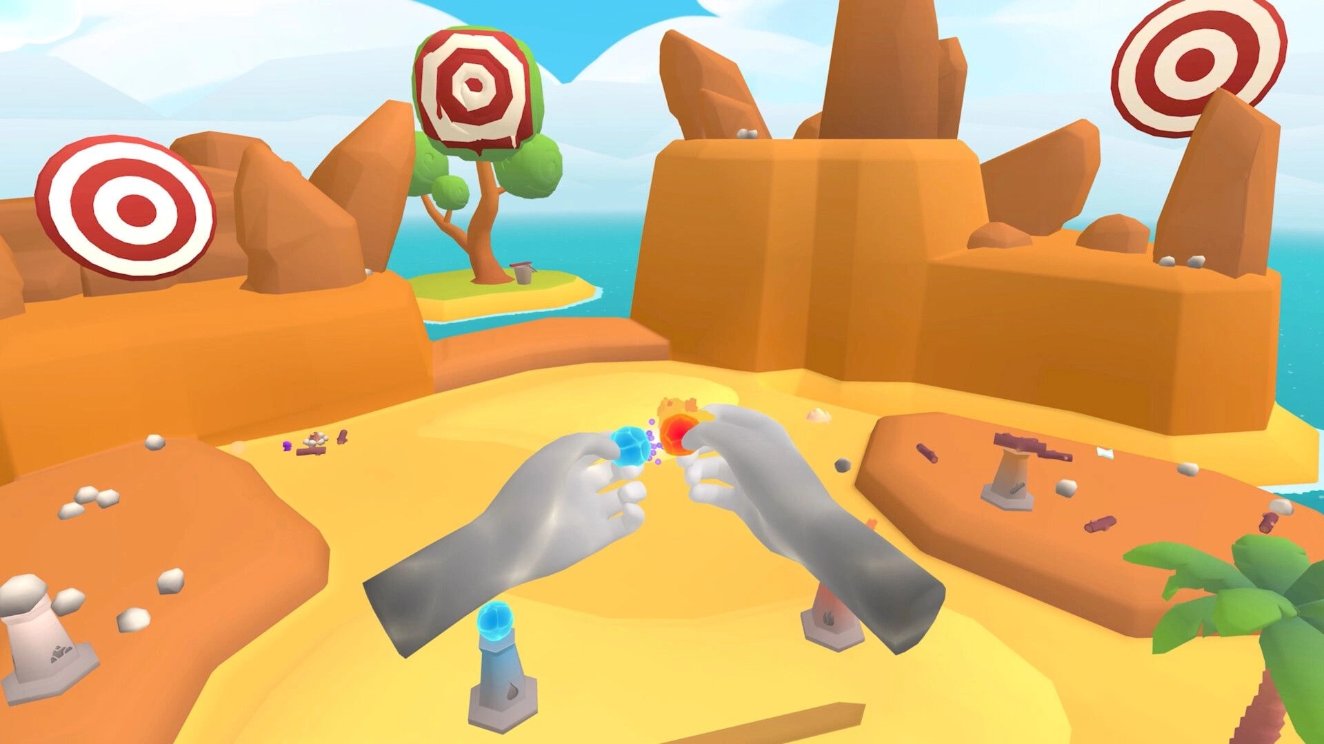 How to God: VR hands combining blue and red orbs in a desert canyon arena with target signs.