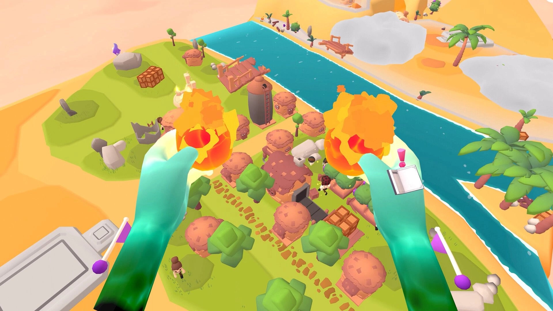 How to God: Giant hands conjure fireballs above a riverside village with huts, trees, and quest icon.