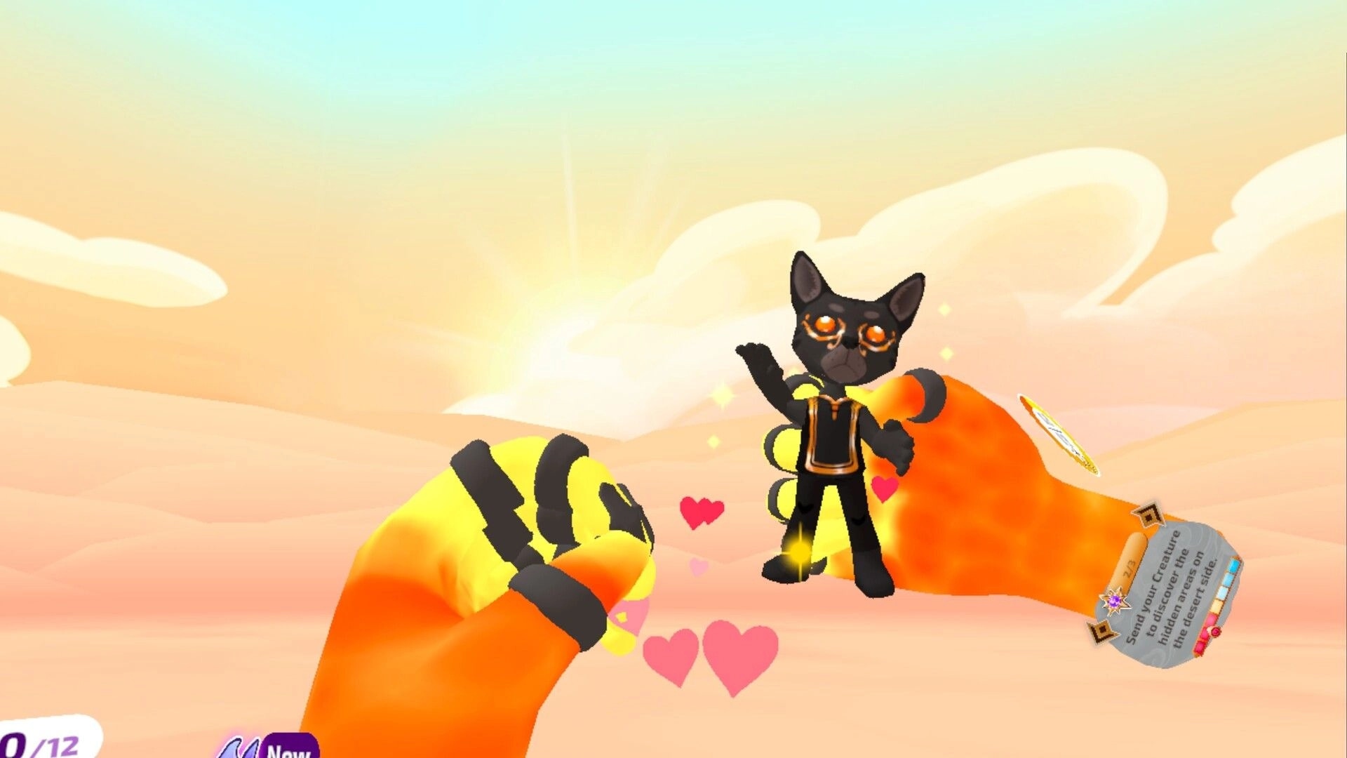 How to God: VR hands pet a cat-like creature with hearts floating in a pastel sky quest scene.