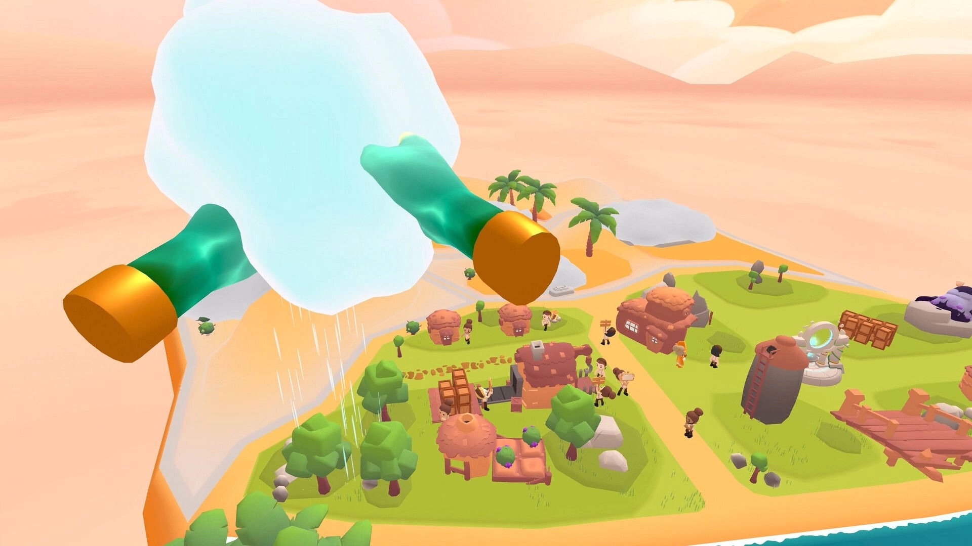 How to God: Giant hands summon a rain cloud over a small island village with huts and villagers.