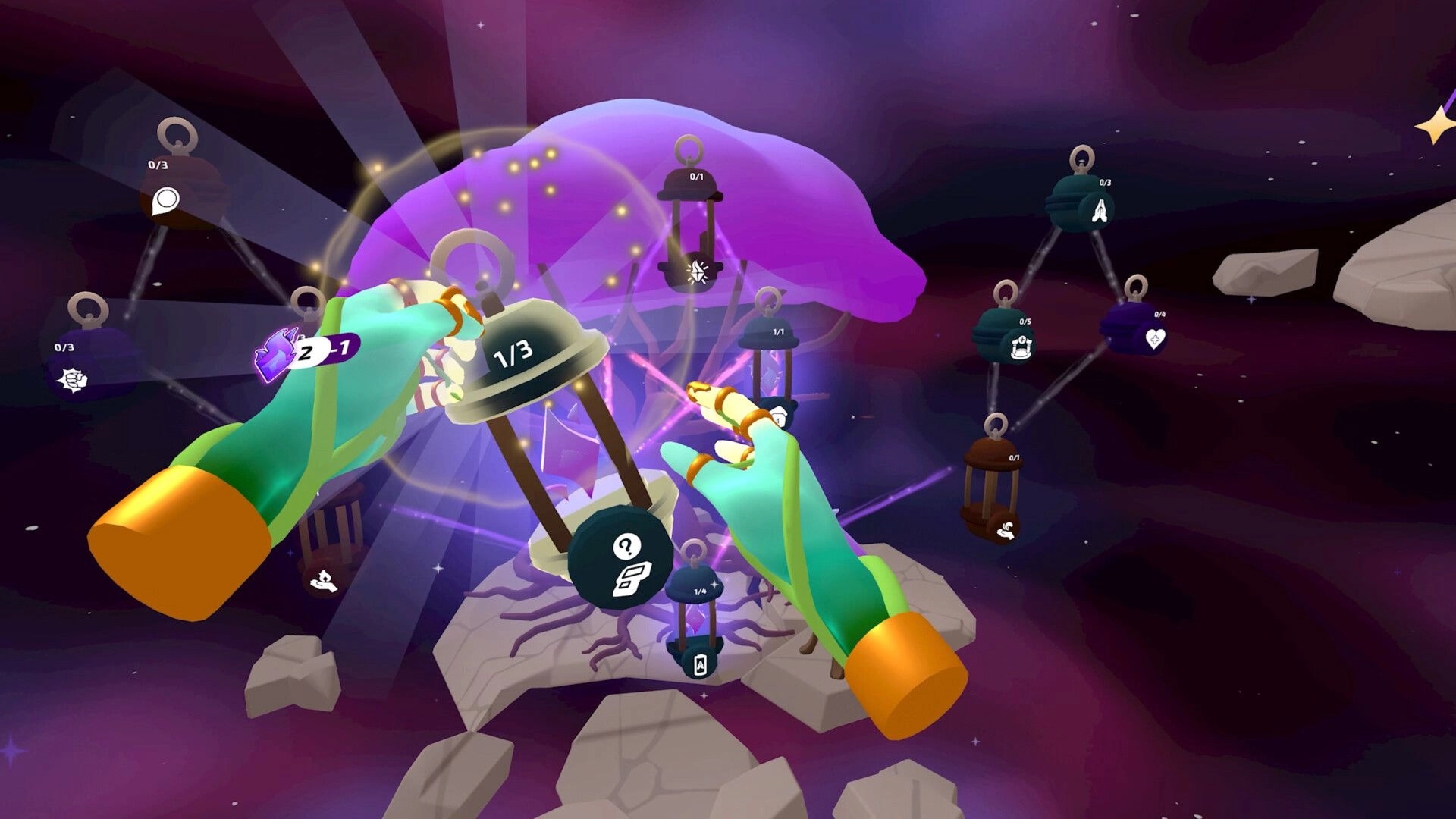 How to God: VR hands select an hourglass in a cosmic skill tree with node icons and counters.