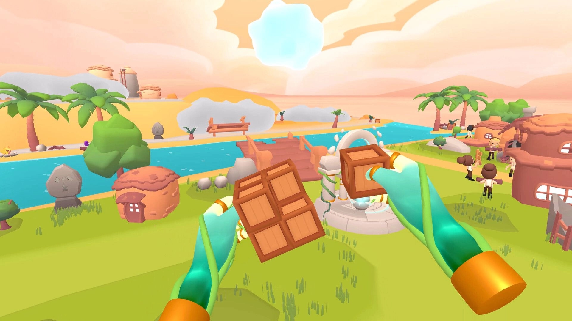 How to God: VR hands holding wooden blocks above a riverside village with huts, bridge, and NPCs.