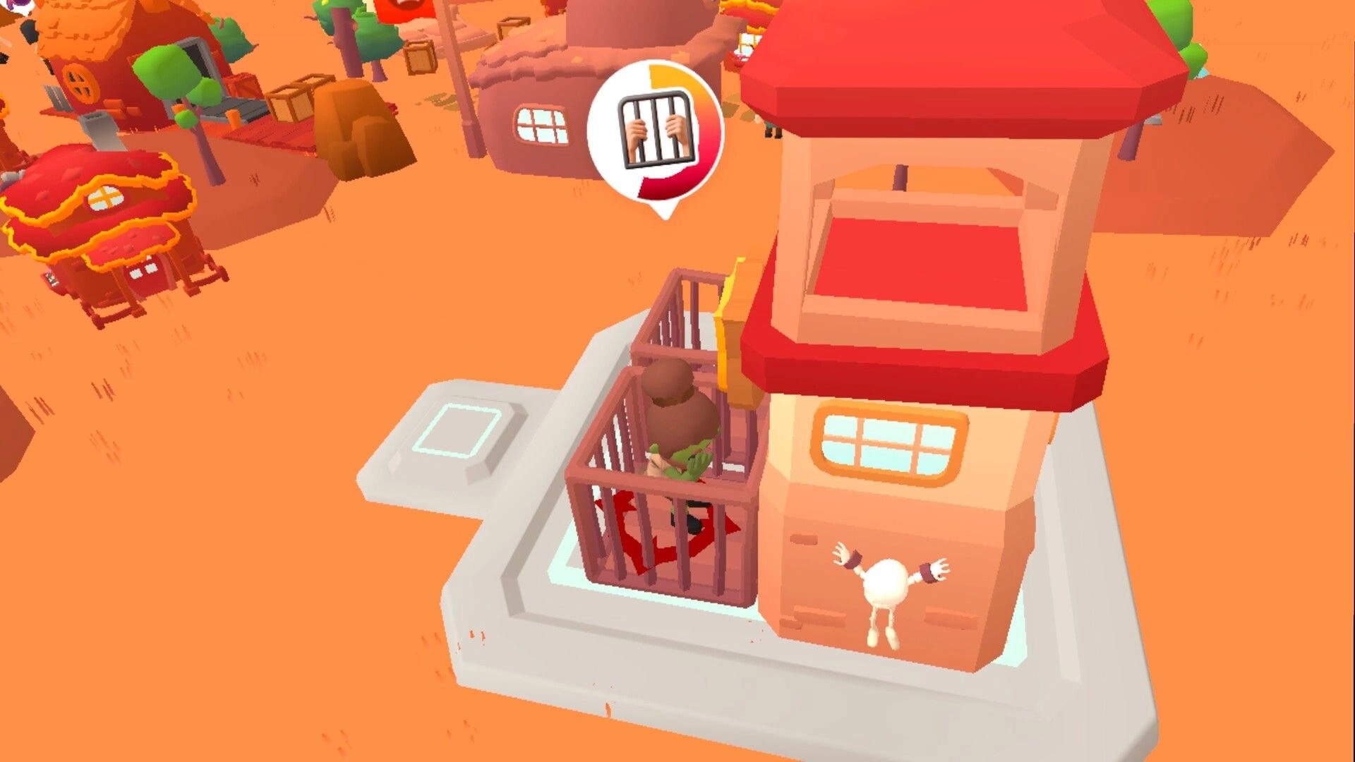 How to God: Villager locked in a cage beside a red-roof building in a desert village, jail icon overhead.