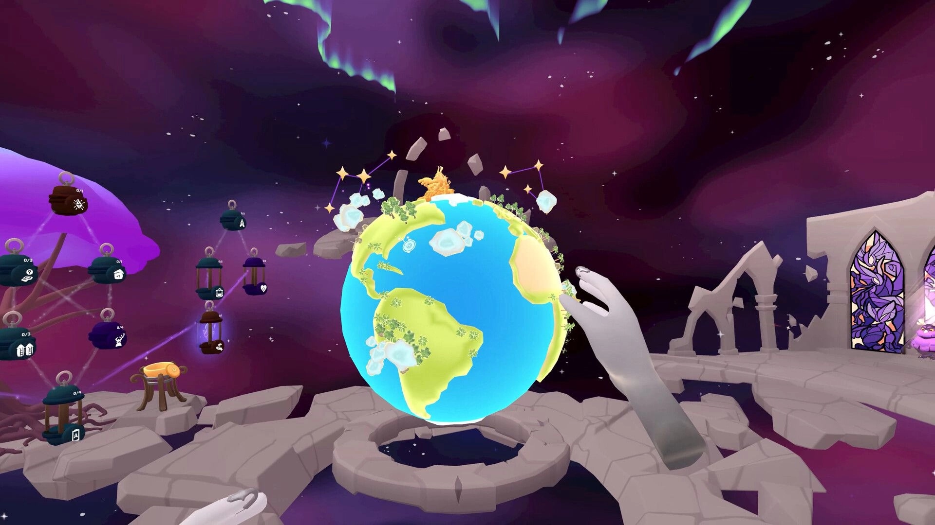 How to God: VR hand hovers over floating Earth with skill tree nodes in a cosmic temple hub.