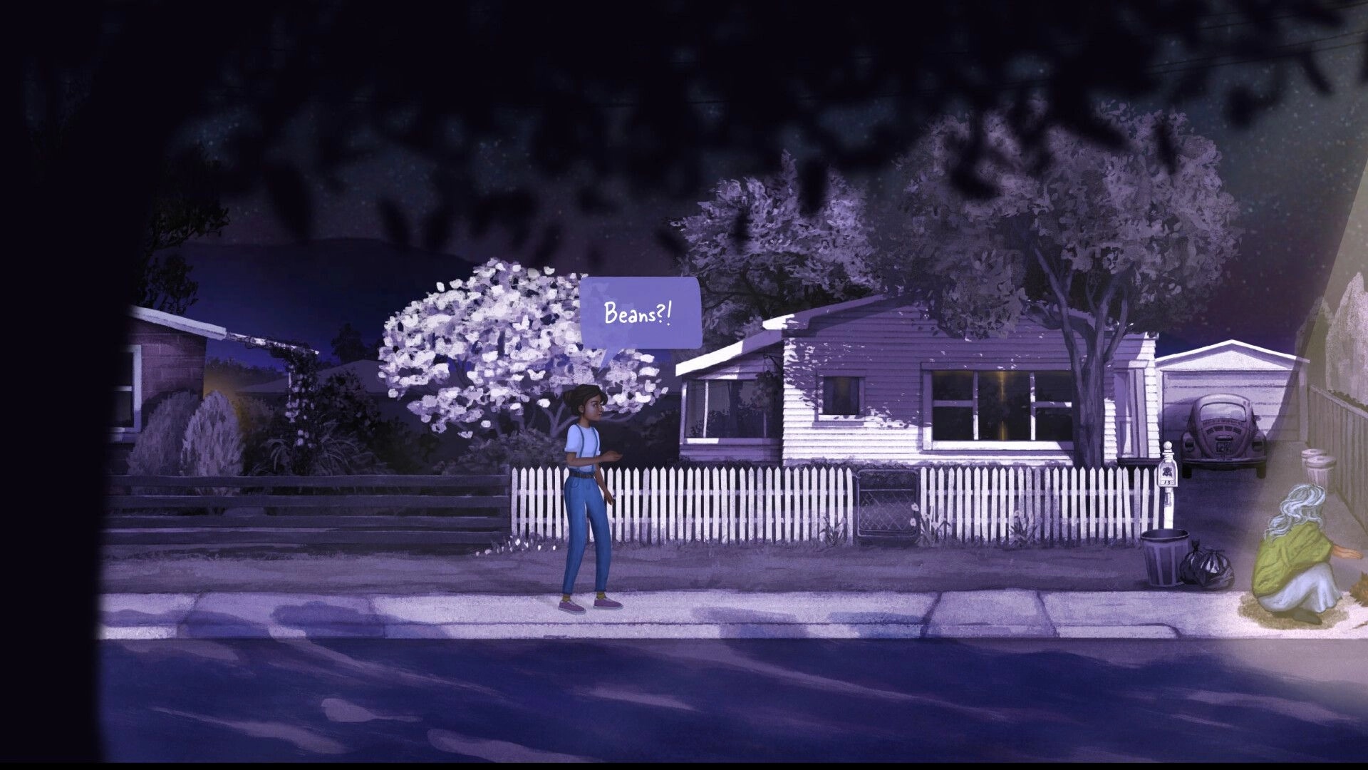 How Was Your Day?: Diya calls out "Beans?" while walking past a house at night under a starry sky.