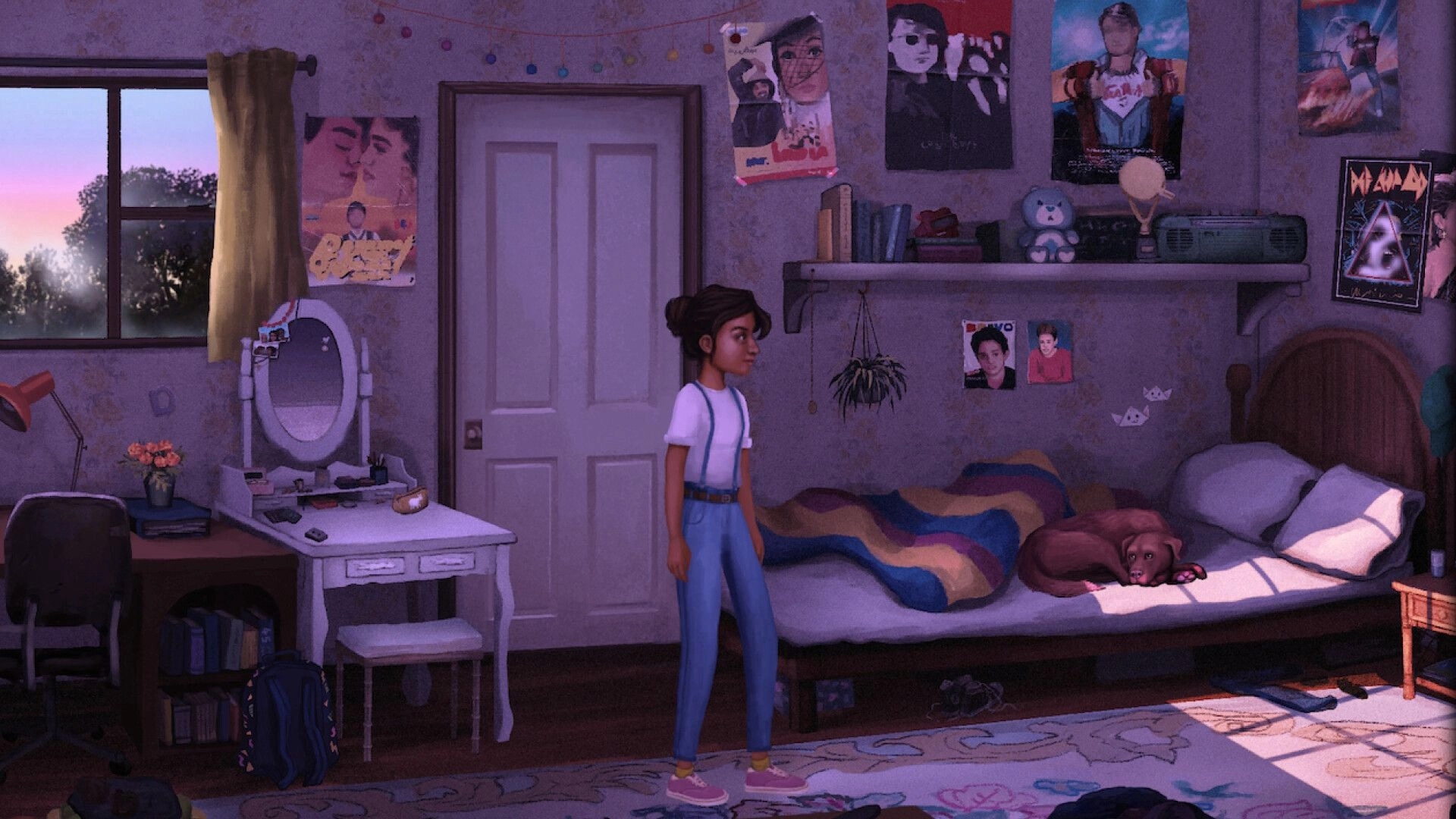 How Was Your Day?: Diya stands in her cozy bedroom, decorated with posters and a dog sleeping on the bed.