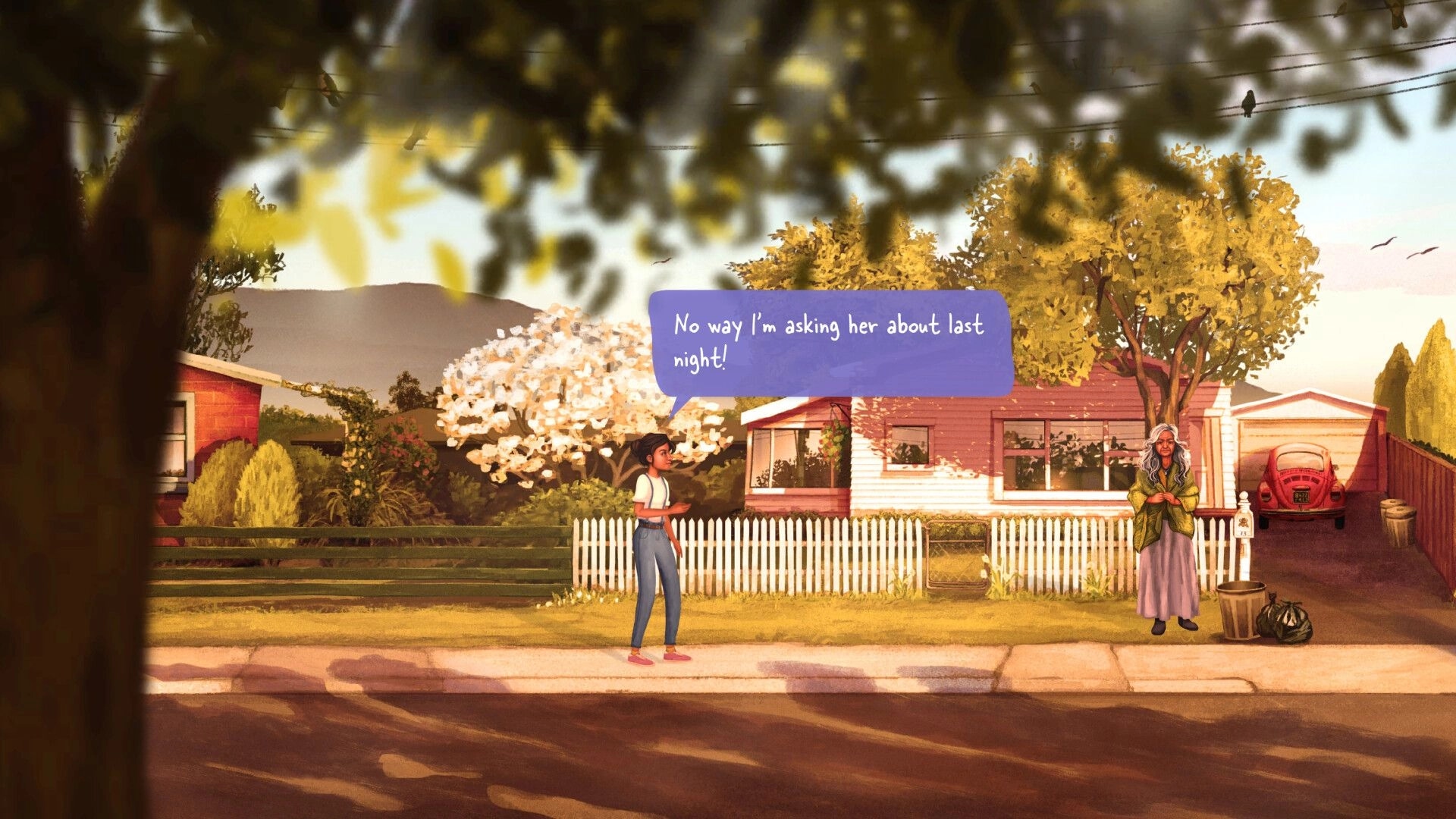 How Was Your Day?: Diya on a suburban street talking to an elderly woman with a speech bubble above her.