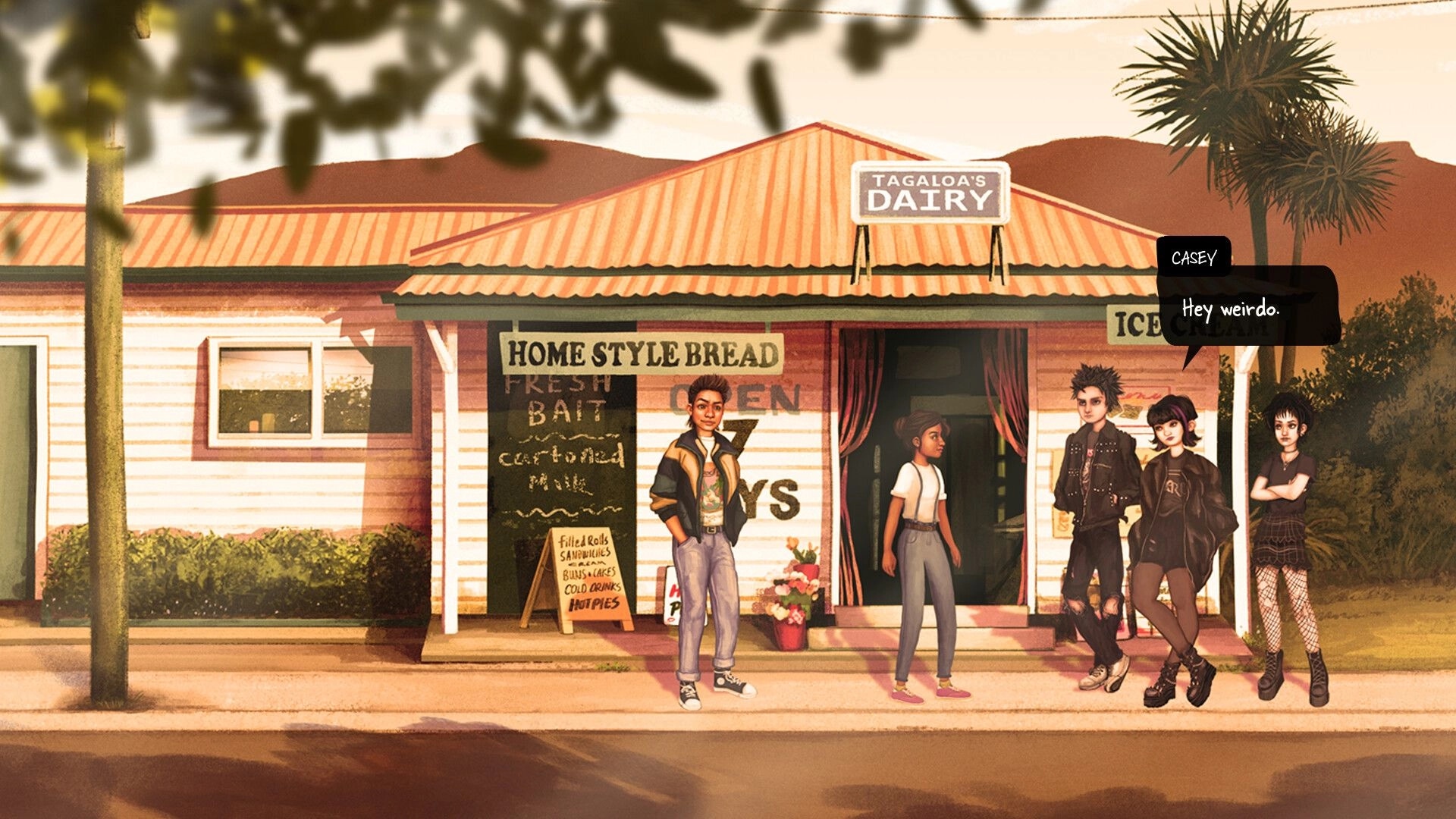 How Was Your Day?: Diya stands outside Tagaloa's Dairy with friends, surrounded by 1980s New Zealand vibes.