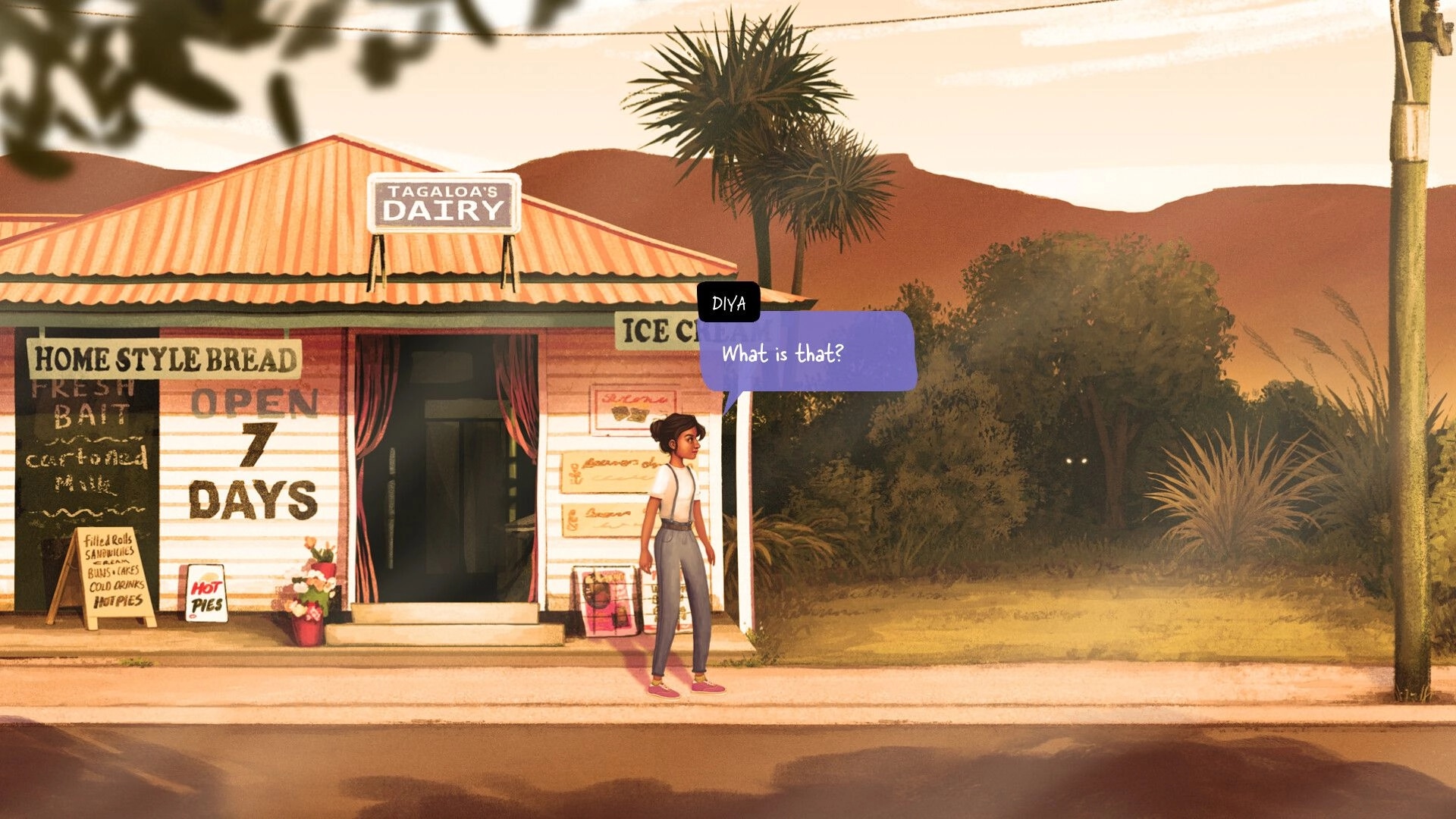 How Was Your Day?: Diya stands outside Tagaloa’s Dairy at sunset, noticing mysterious glowing eyes nearby.