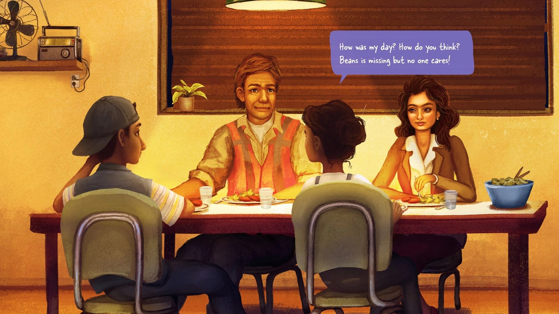 How Was Your Day?: Diya at dinner table with family, expressing frustration over missing dog Beans