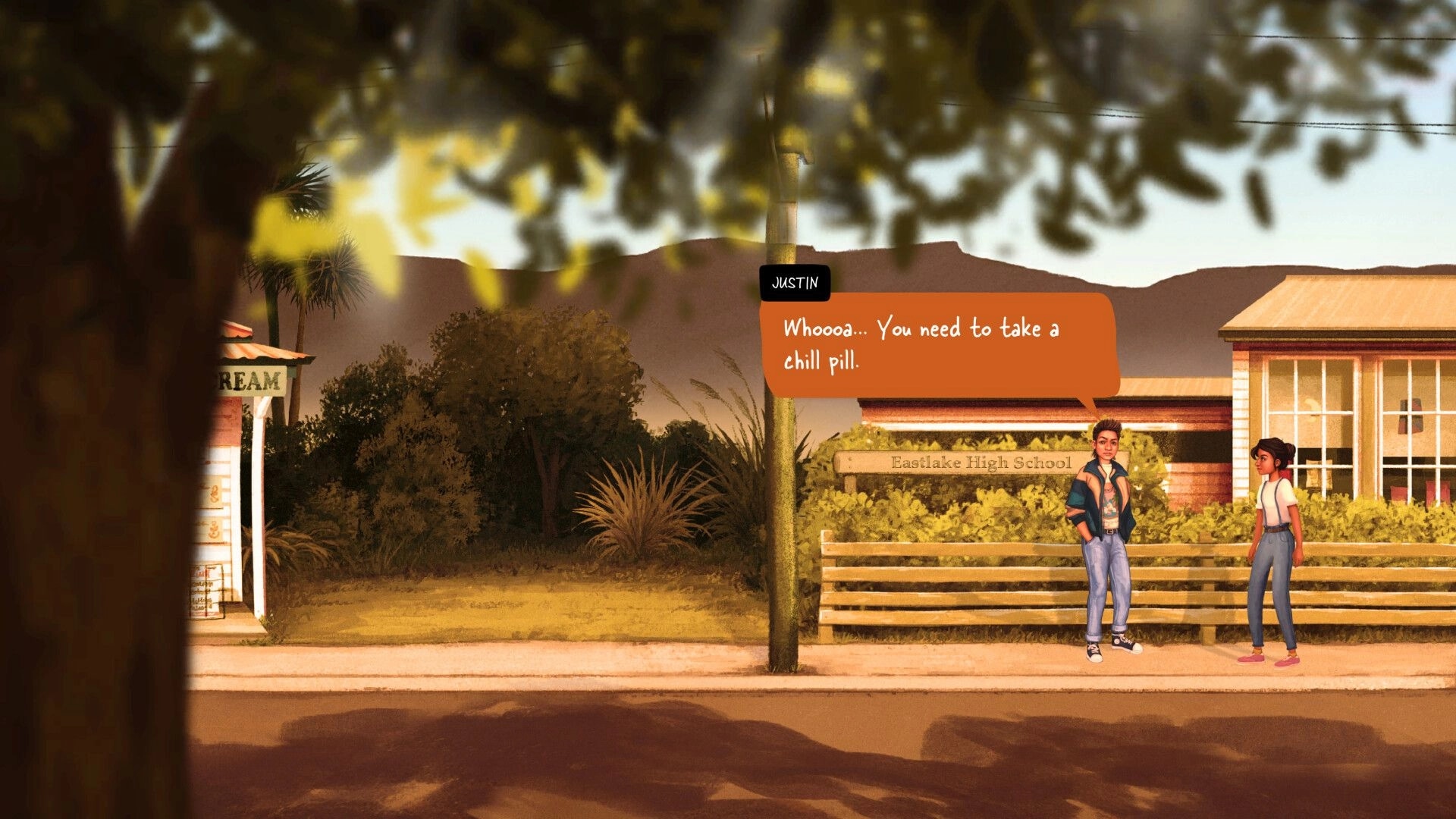How Was Your Day?: Diya and Justin talk near Eastlake High School in a sunny, tree-lined setting