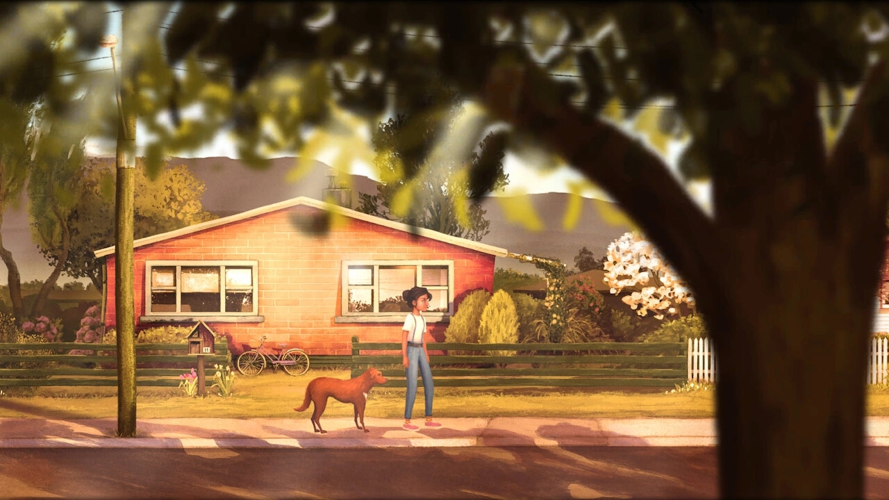 How Was Your Day?: Diya walks with her dog Beans on a suburban street, a red house and trees in the background.
