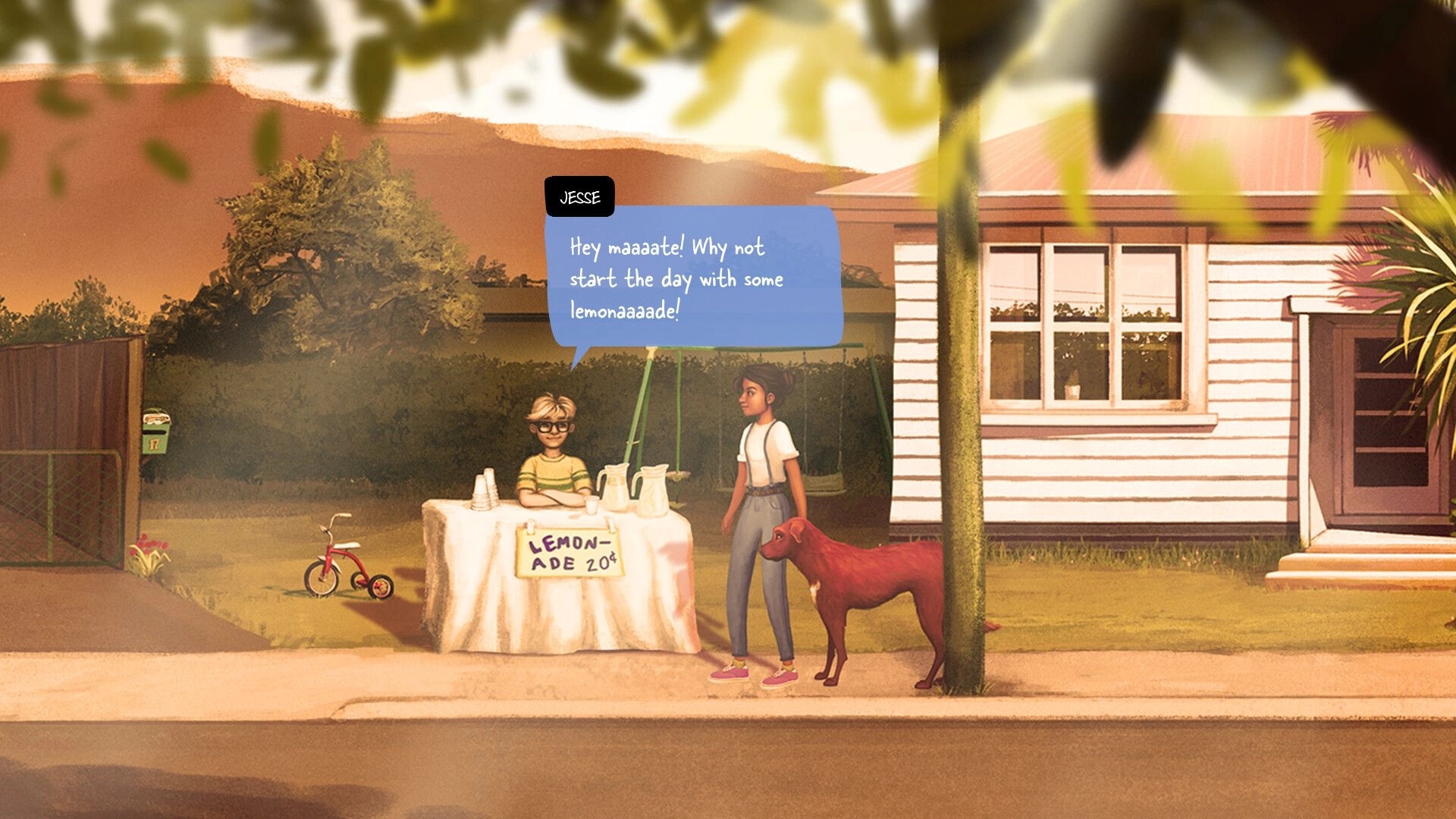 How Was Your Day?: Diya and dog at a lemonade stand on a suburban street with Jesse offering drinks
