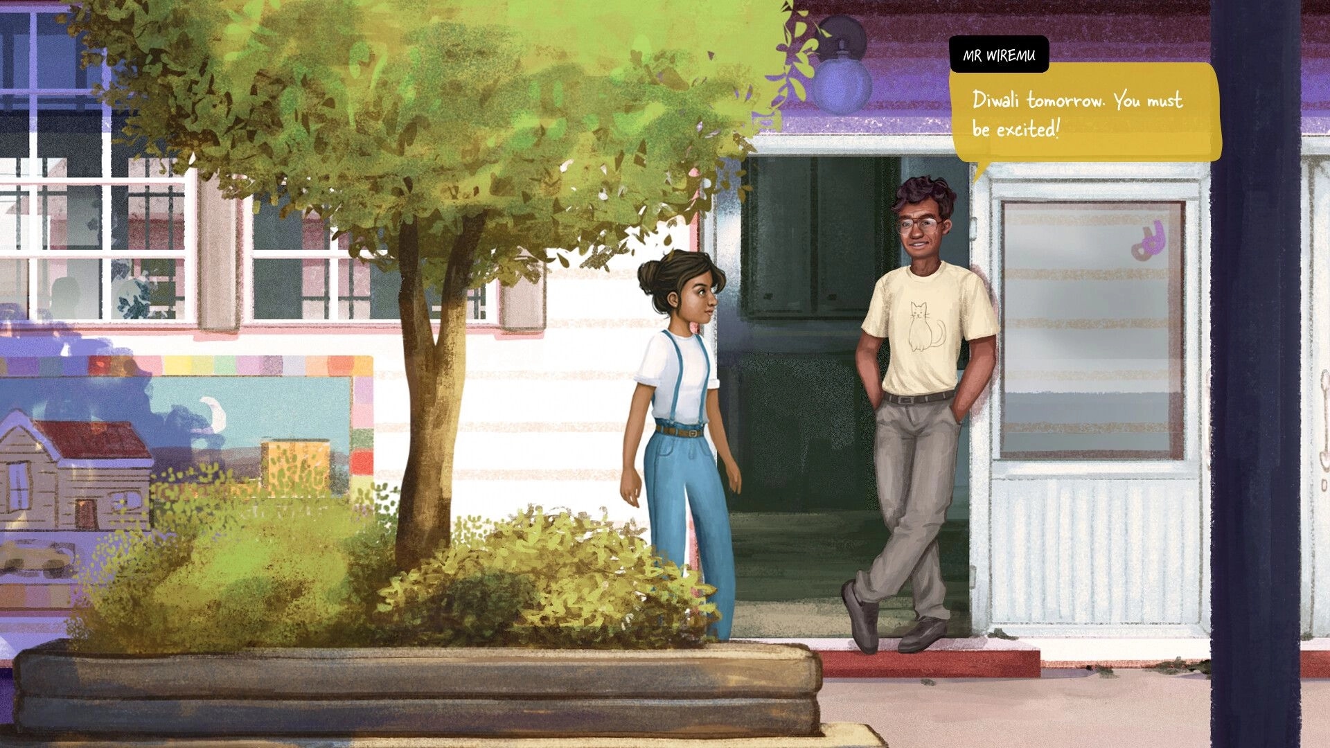 How Was Your Day?: Diya talks to Mr. Wiremu outside a building, with trees and mural in the background.