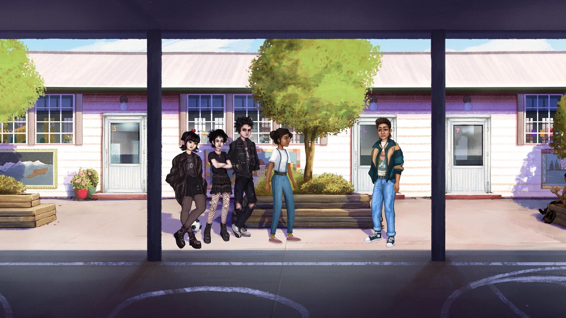 How Was Your Day?: Diya and friends converse outside school, 1980s New Zealand, with tree and classroom doors.
