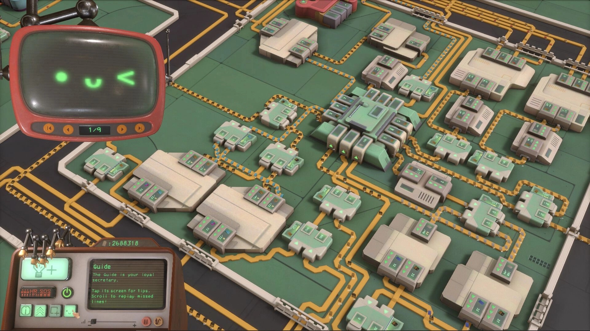 HR.SOS: Automation map with linked modules and conveyor lines, guide terminal UI on factory grid.