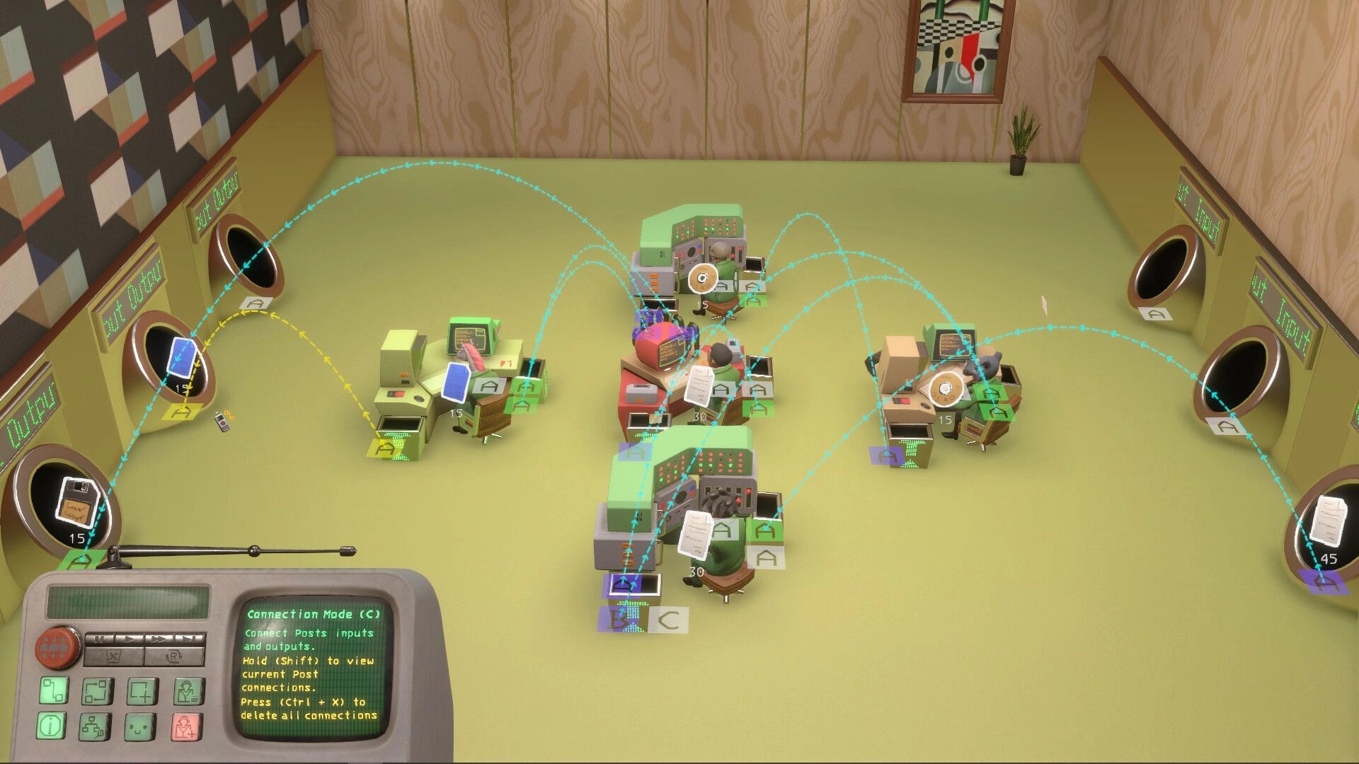 HR.SOS: Connection Mode linking office posts with dotted lines between desks in a tidy room.