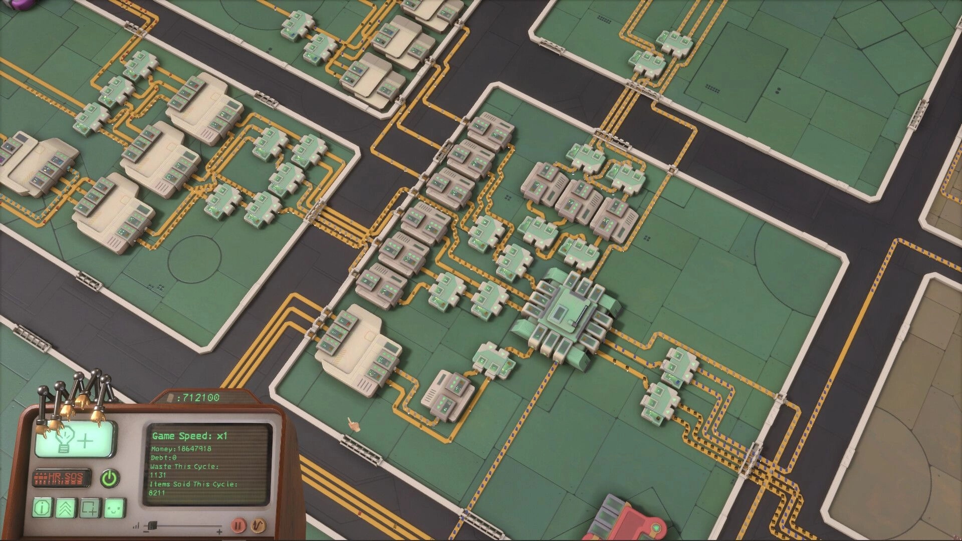 HR.SOS: Factory floor automation layout with linked machines and conveyors, stats panel at bottom left.
