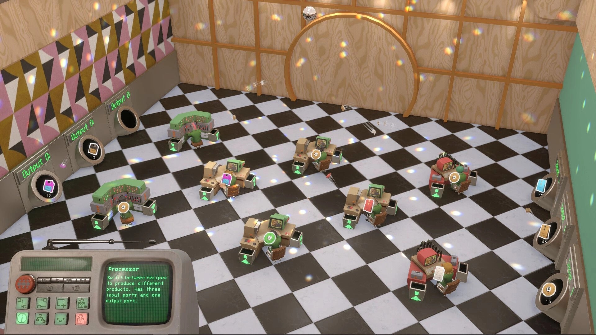 HR.SOS: Workers at desk processors with output ports and item icons in a checkered factory room.