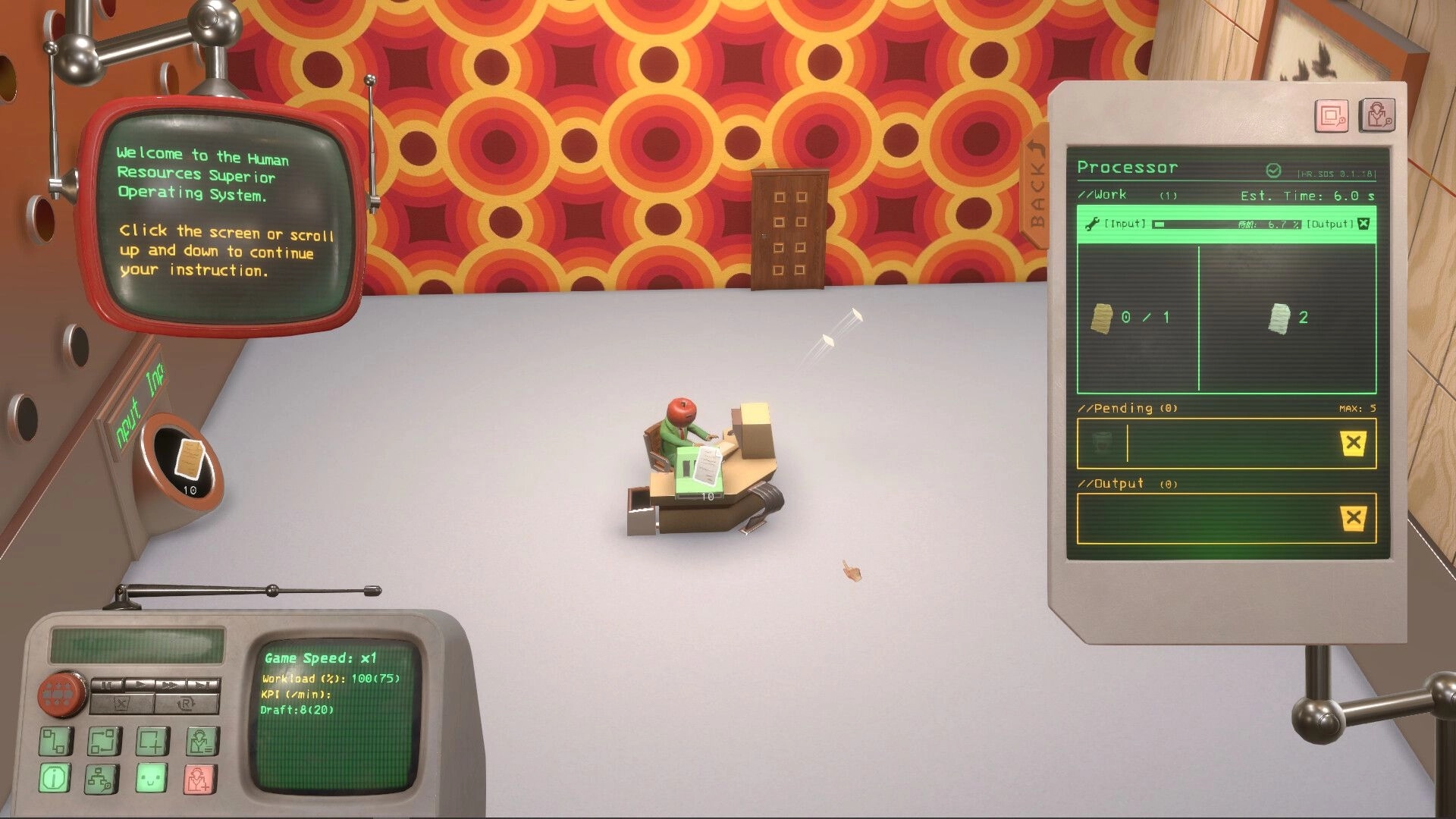 HR.SOS: Processor workflow menu open beside lone worker at desk in retro-patterned office room.