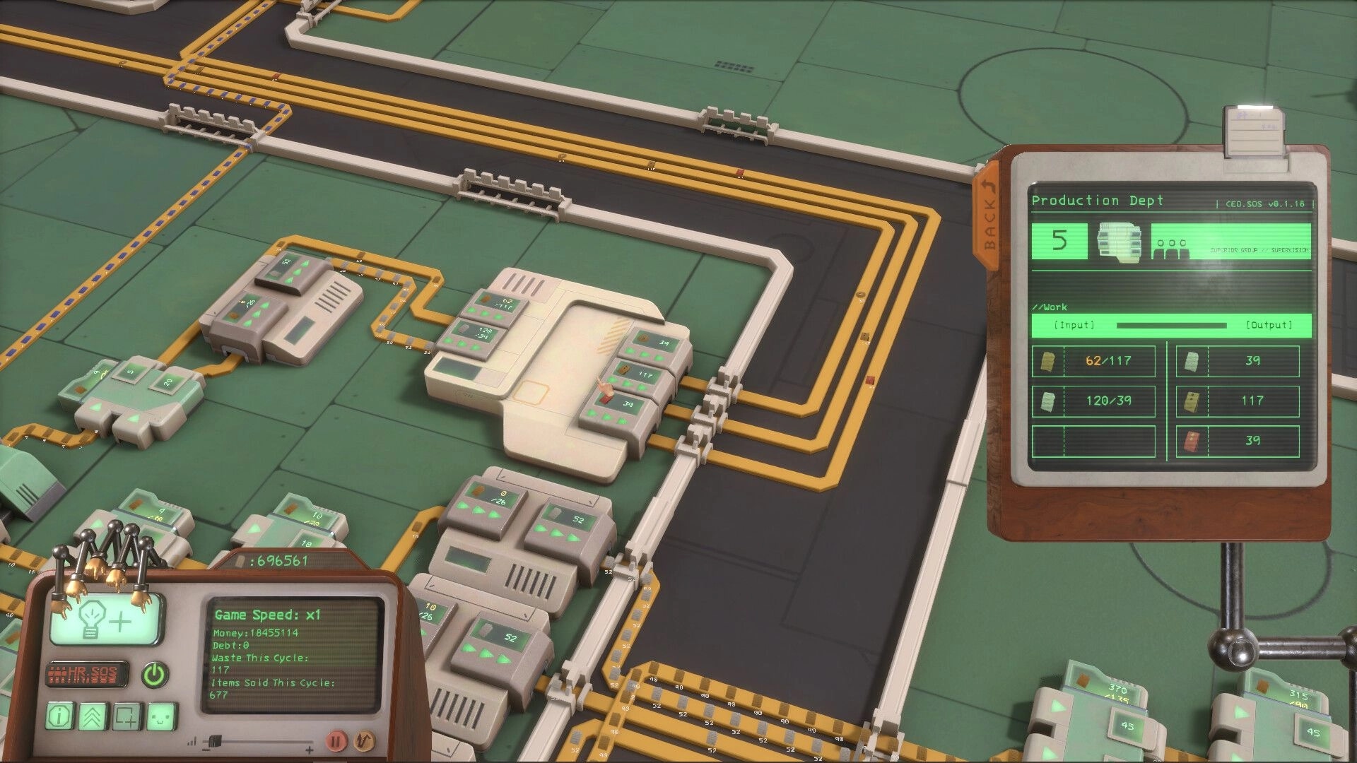HR.SOS: Production Dept status panel over conveyor belts and modular machines on factory floor grid.