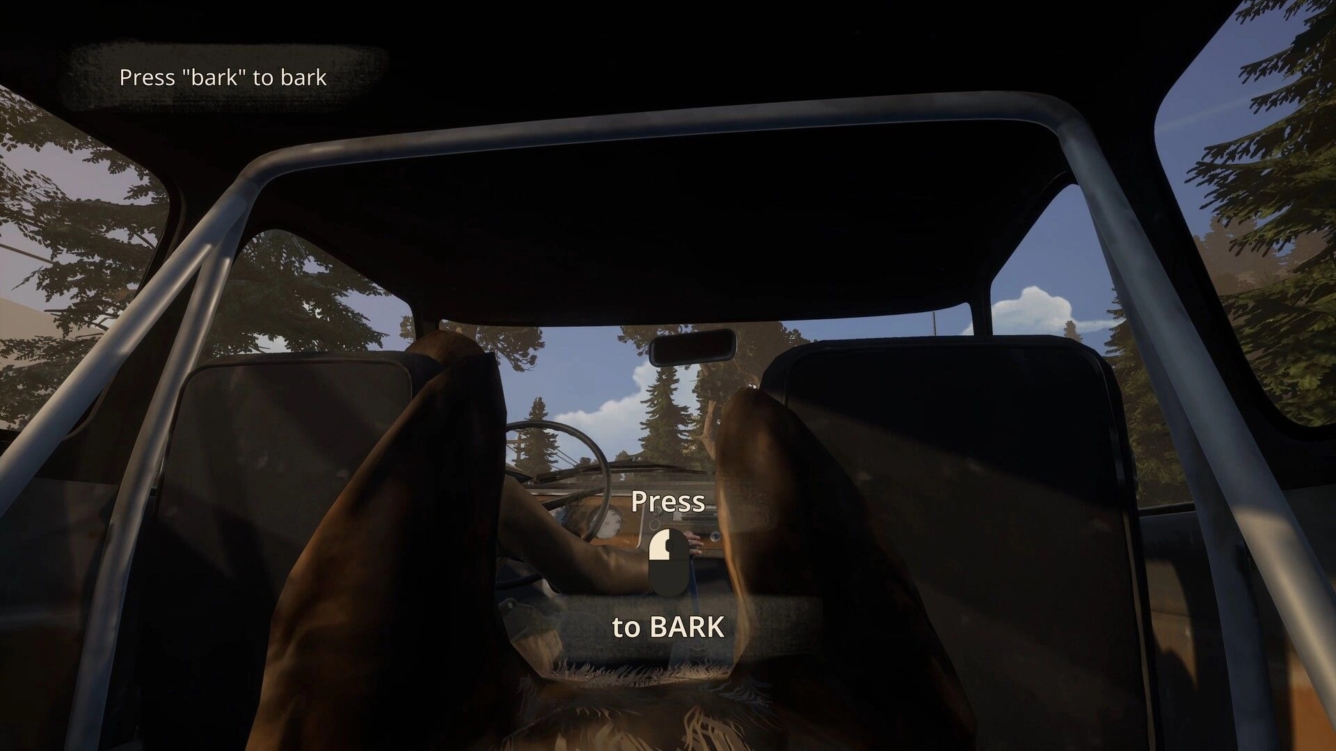 Hubert: View from backseat of a car with prompt "Press to BARK" surrounded by forest scenery