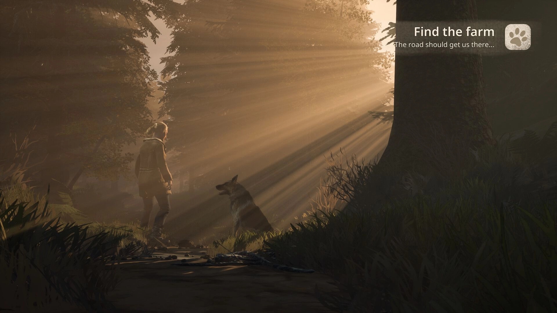 Hubert: Dog and human stand in sunlit forest with objective "Find the farm" displayed.