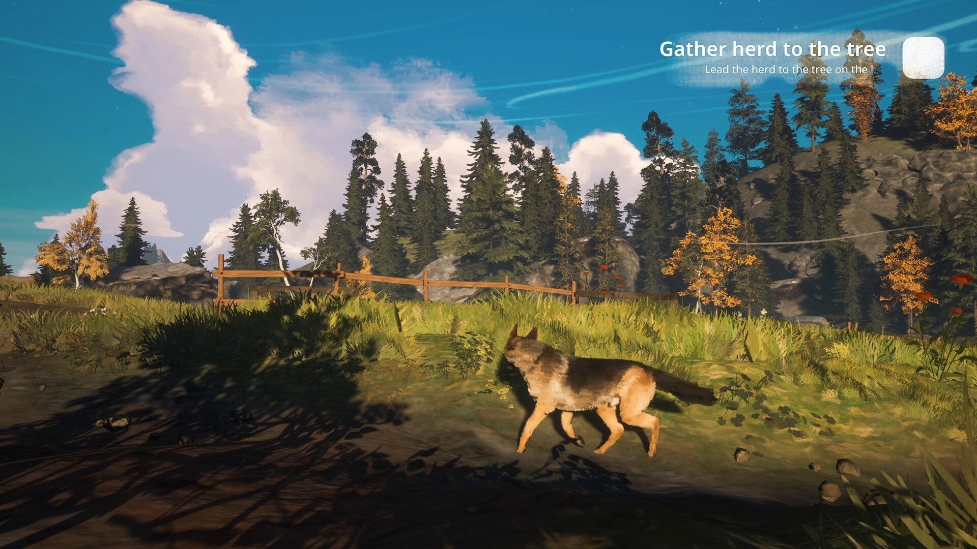 Hubert: Shepherd dog walks through grassy field with trees in background, task objective text displayed.