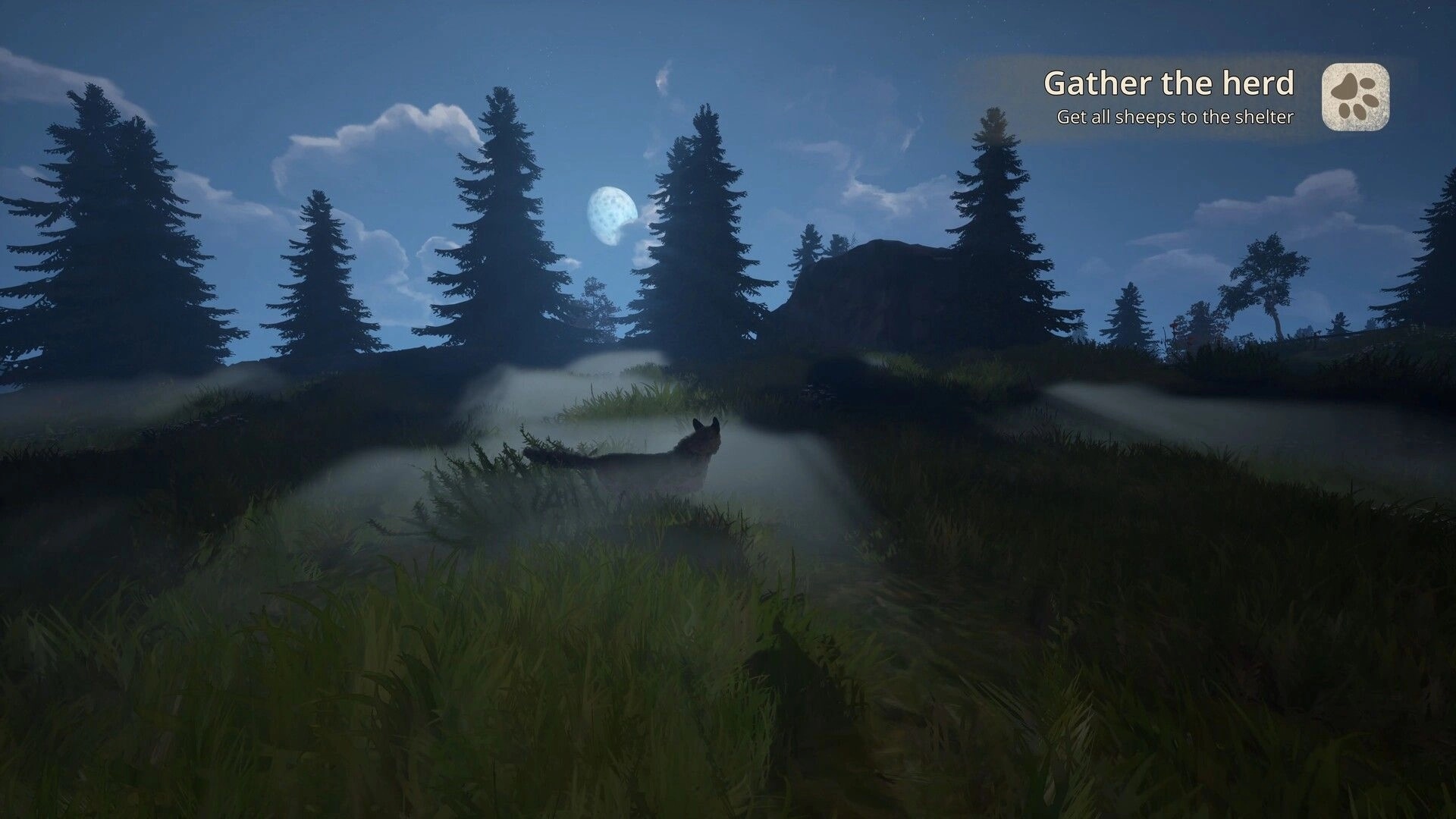 Hubert: Shepherd dog in moonlit forest clearing with "Gather the herd" objective displayed on screen.