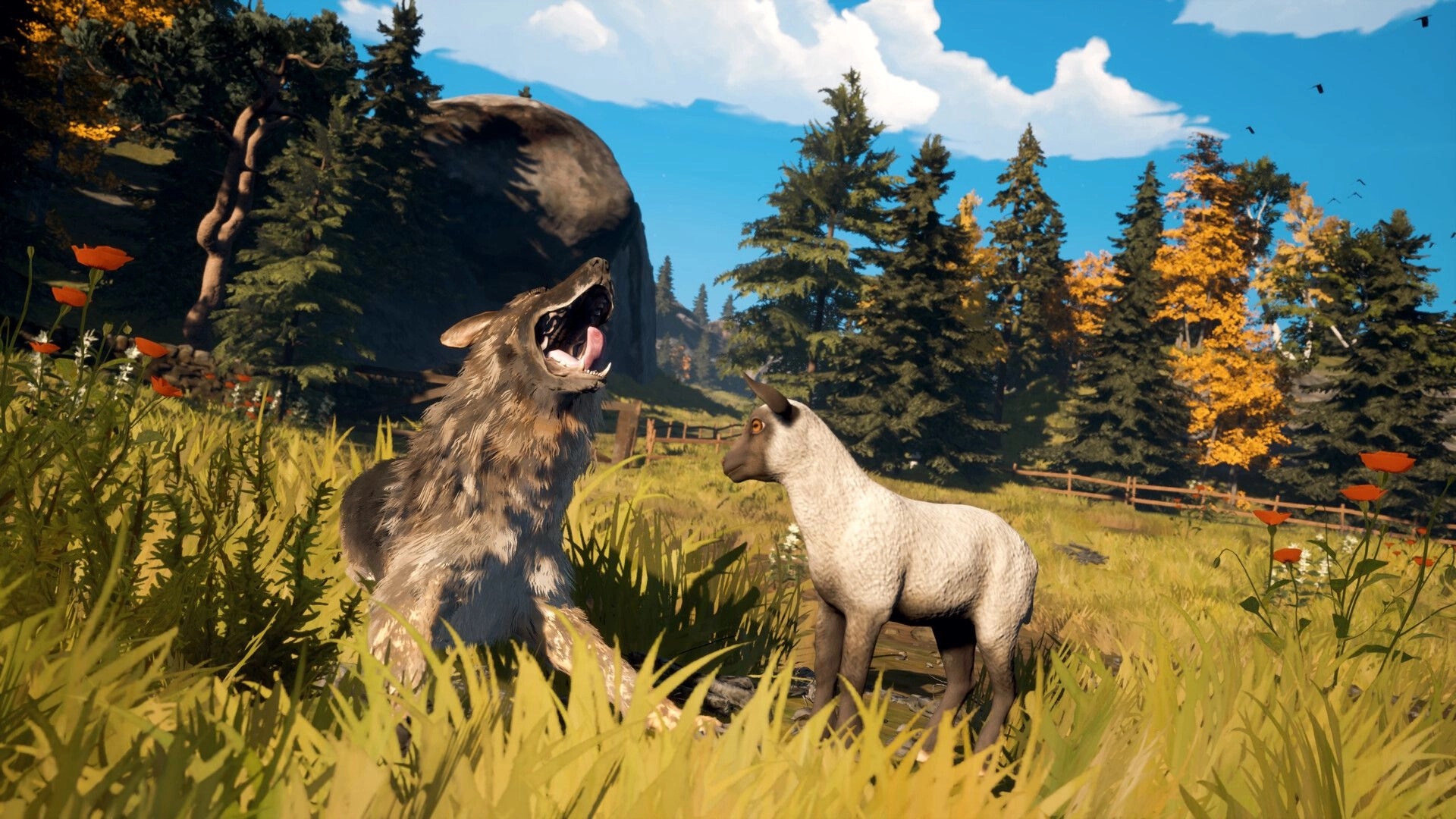 Hubert: A shepherd dog barking at a sheep in a sunny meadow surrounded by tall trees and wildflowers.