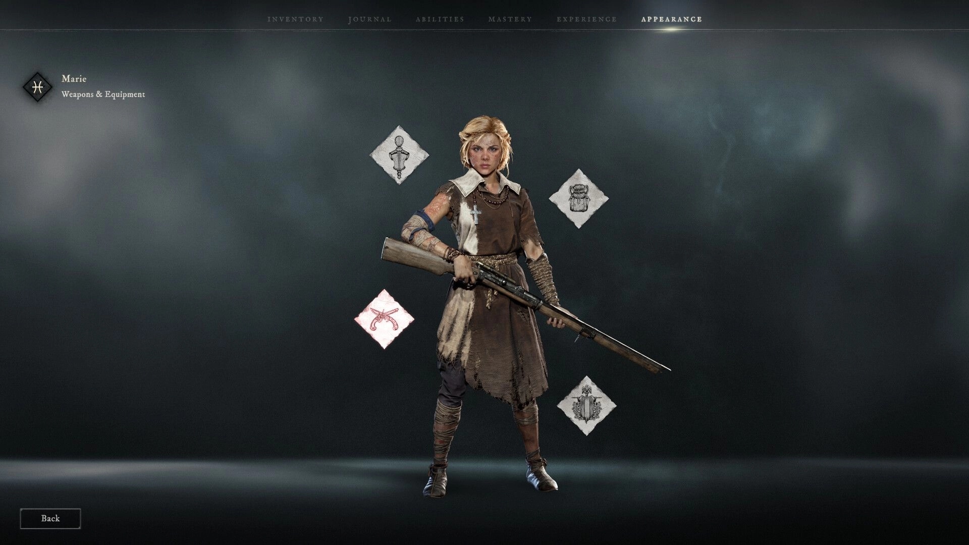 HUNGER: Marie appearance menu with rifle-equipped survivor and equipment icons on dark backdrop.