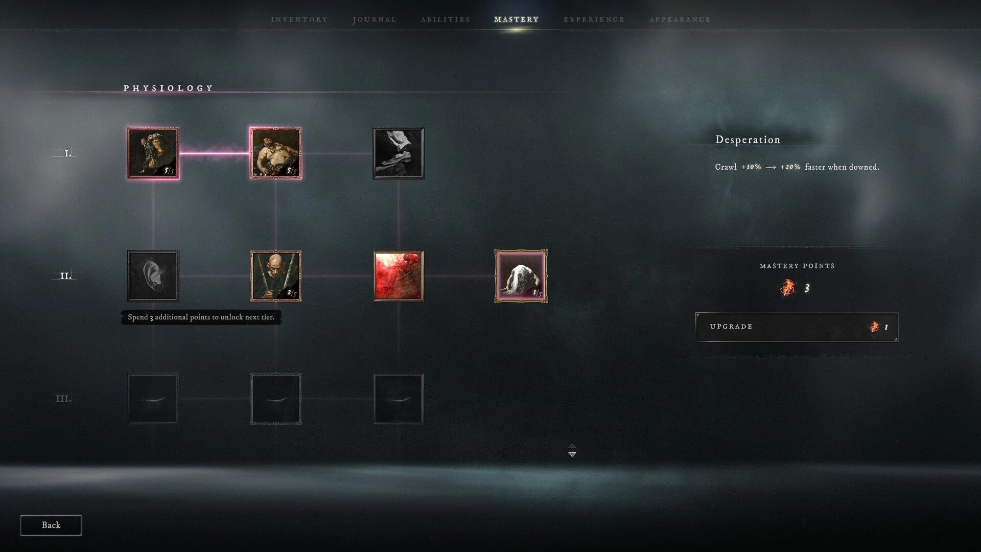 HUNGER: Mastery physiology skill tree with perk icons, Desperation tooltip, and Upgrade button UI.