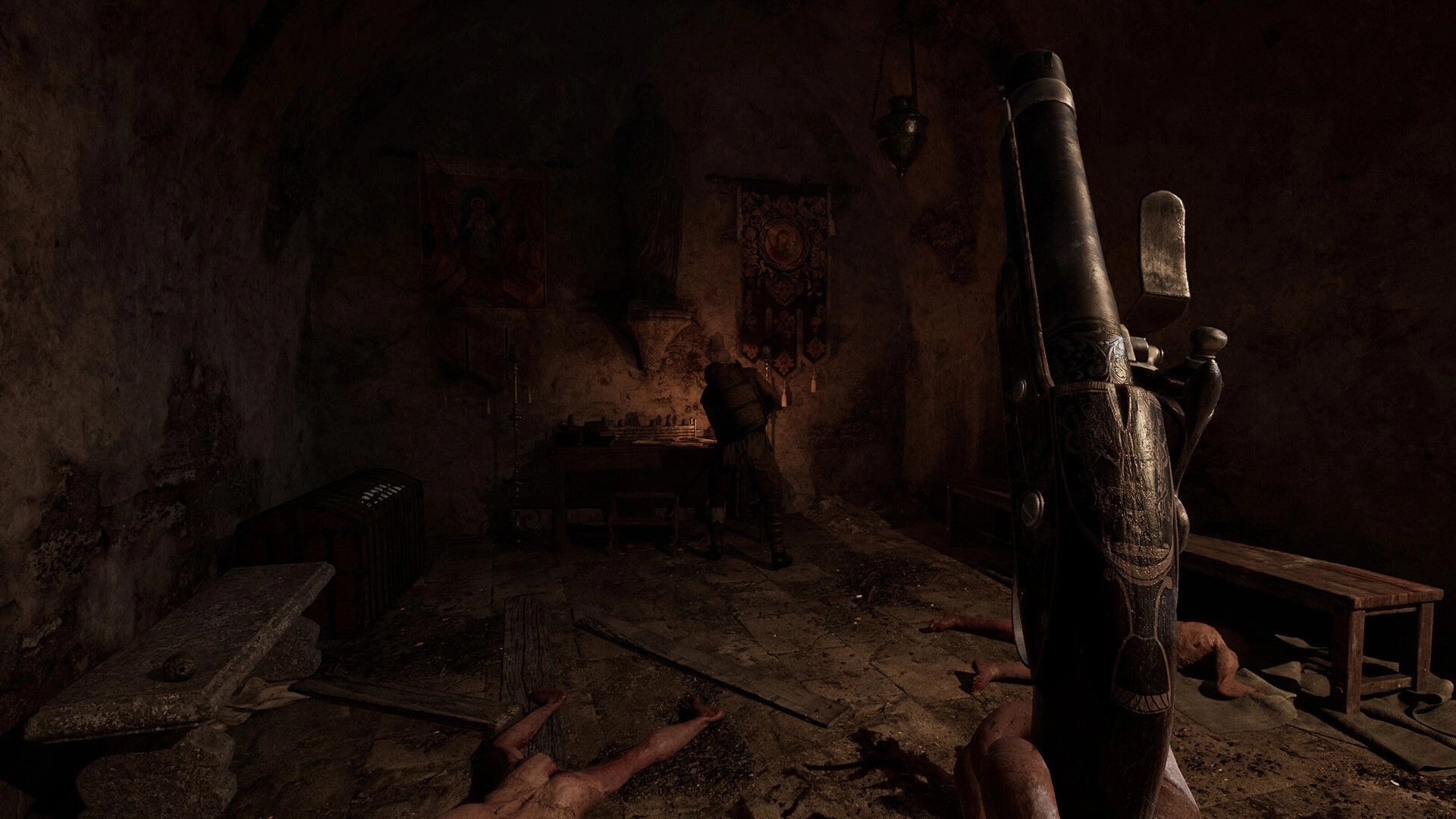 HUNGER: First-person view aiming ornate pistol in grimy room with corpses, desk, and wall icons.