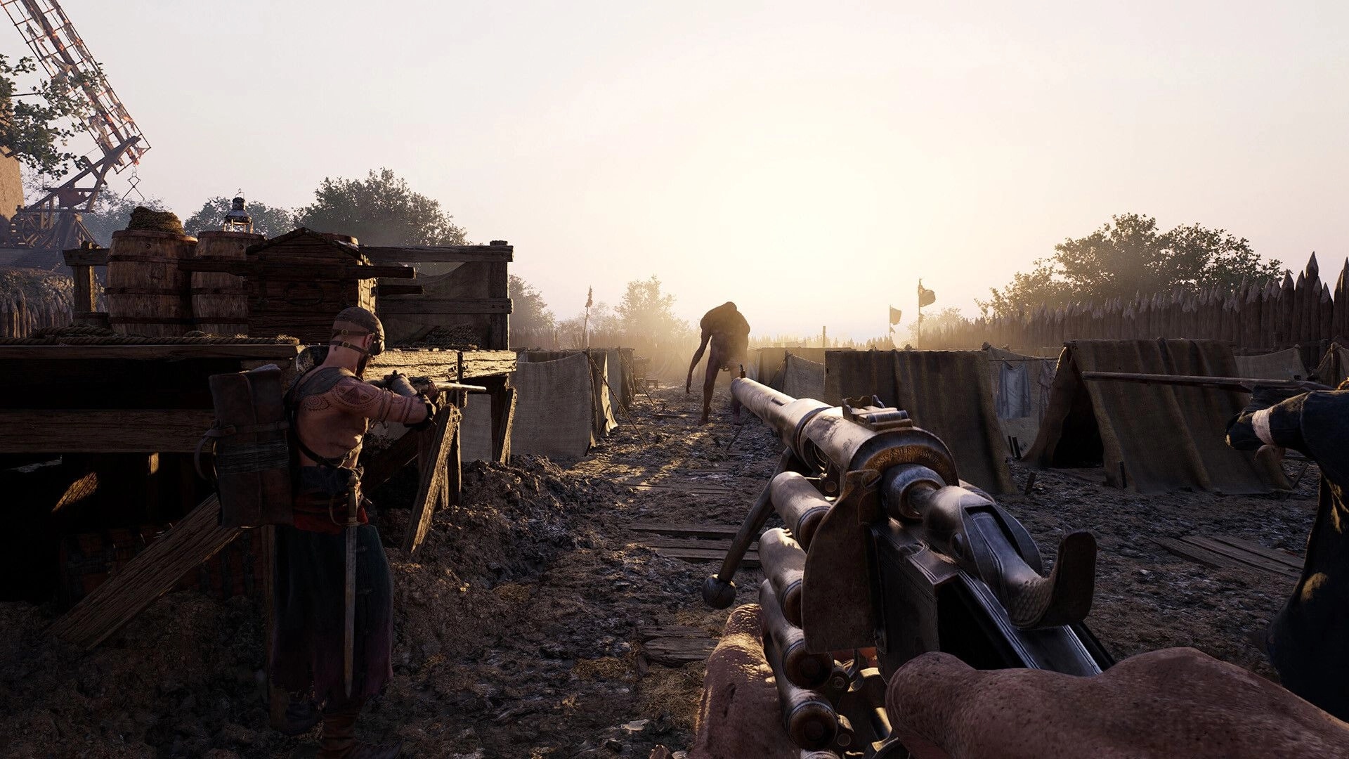 HUNGER: First-person rifle aimed at a shambling monster in a muddy trench camp at sunrise.