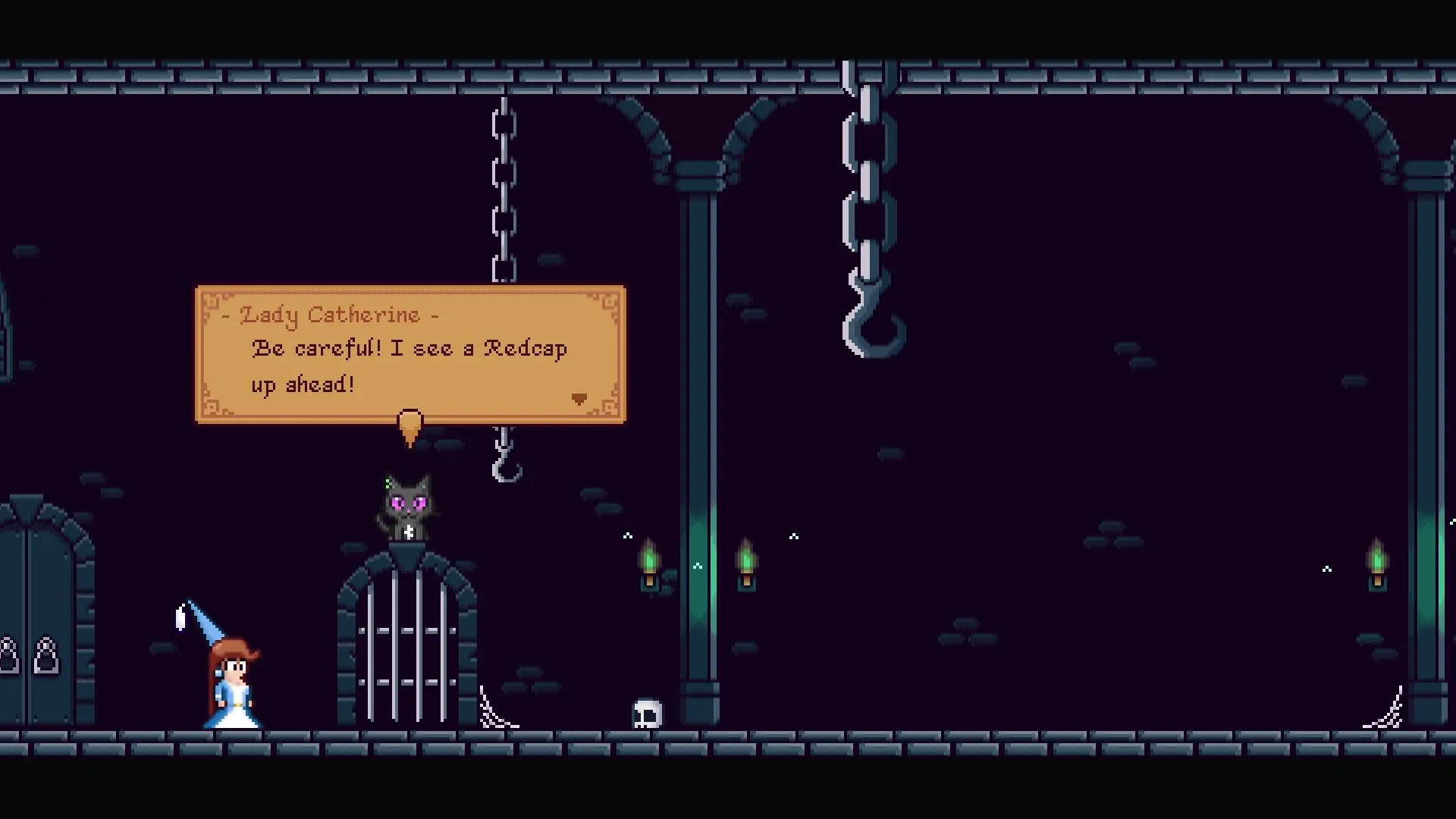 Hungry Horrors: Lady Catherine warns Princess of Redcap in dark dungeon with chains and torches.