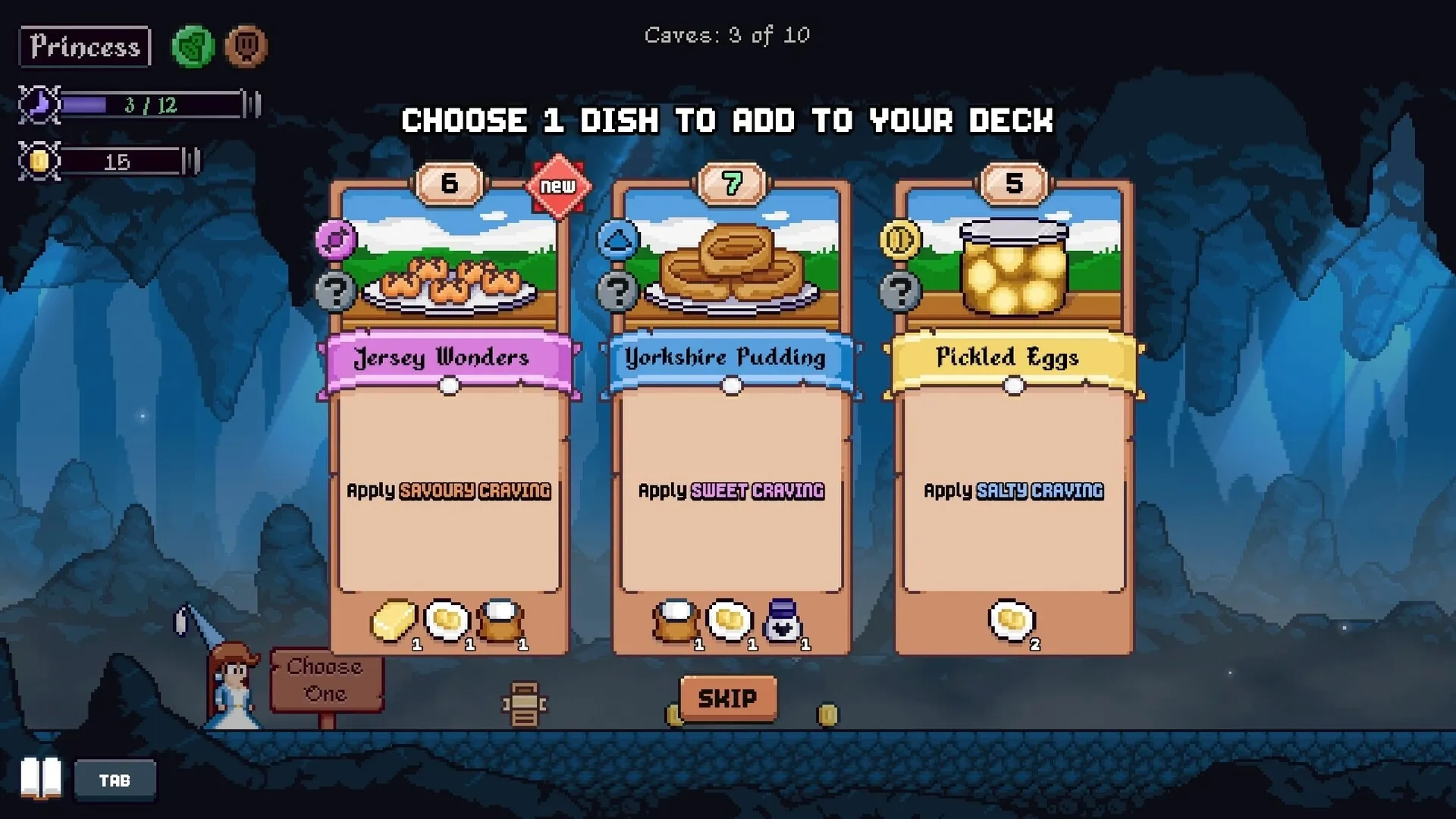Hungry Horrors: Princess selecting dishes in a cave setting with options for Jersey Wonders and more