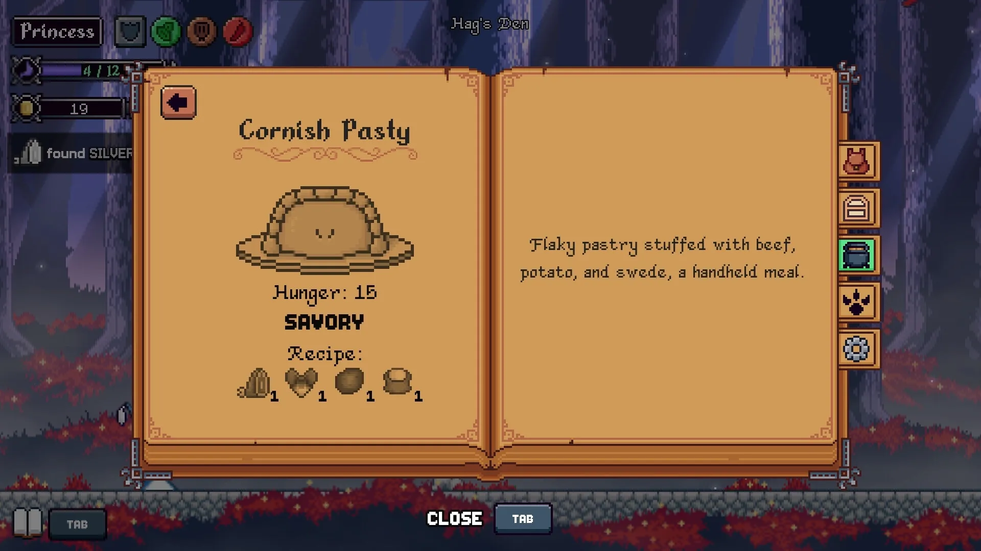 Hungry Horrors: Princess views Cornish Pasty recipe in forest setting, showing ingredients and hunger value.