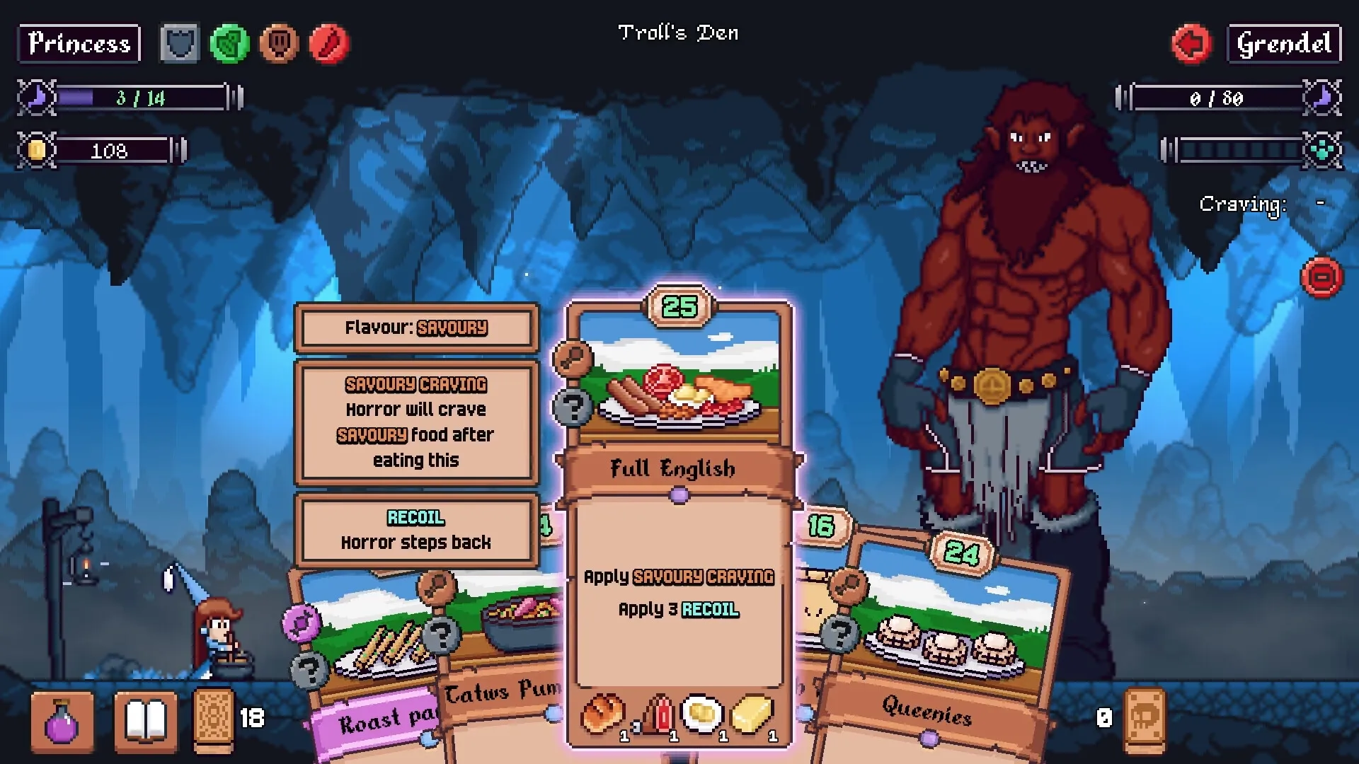 Hungry Horrors: Princess cooking in Troll's Den with recipe cards to satisfy Grendel's savoury craving