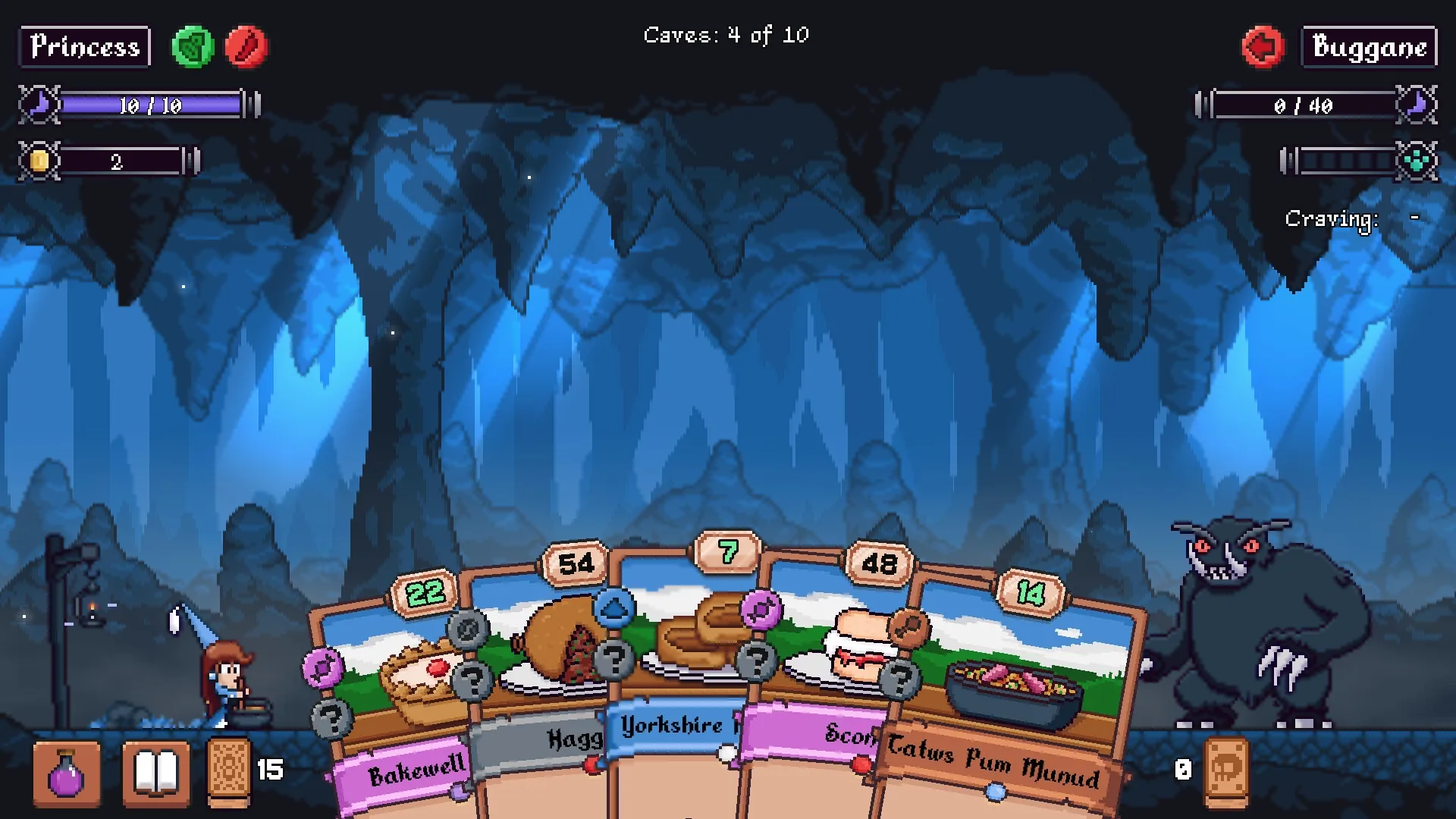 Hungry Horrors: Princess prepares dishes in a dark cave to feed a looming Buggane creature.