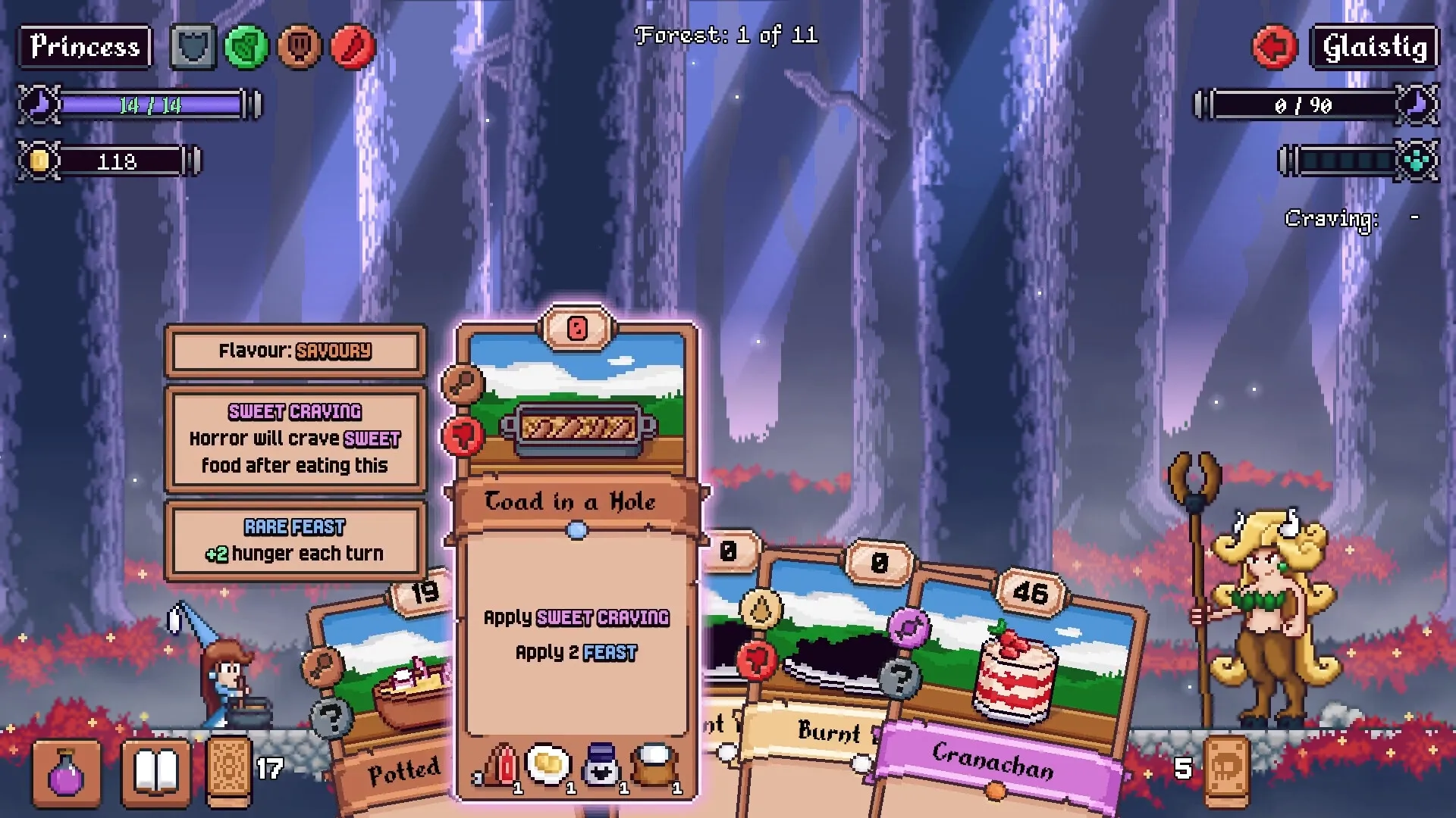 Hungry Horrors: Princess in forest preparing "Toad in a Hole" card with creature and menu details visible.