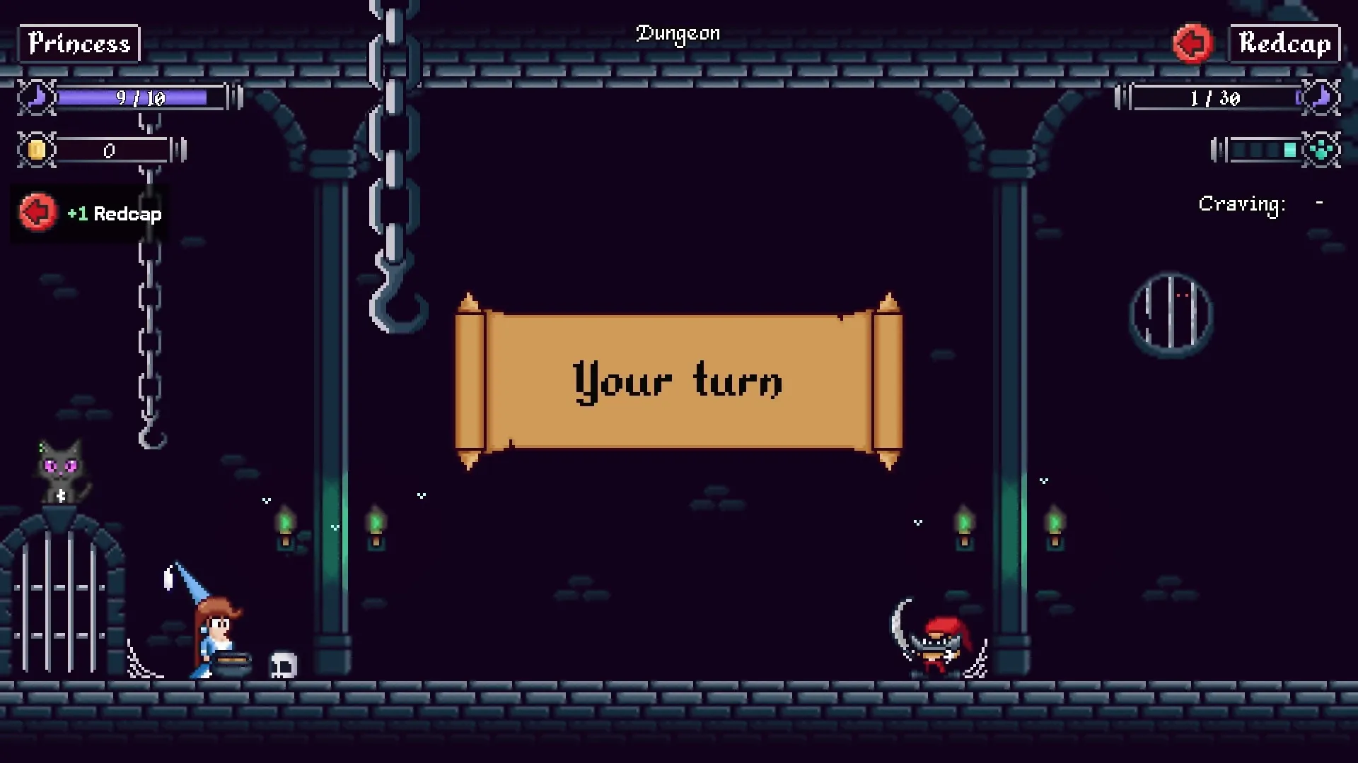 Hungry Horrors: Princess faces Redcap in a dungeon with chains, health bars, and a "Your turn" banner.