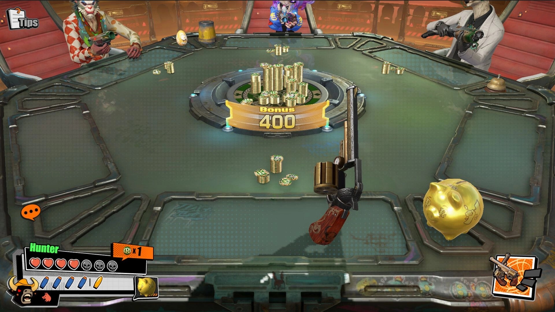 Hunter Roulette: Players at a poker table with revolver, gold piggy bank, and 400 bonus in futuristic room.