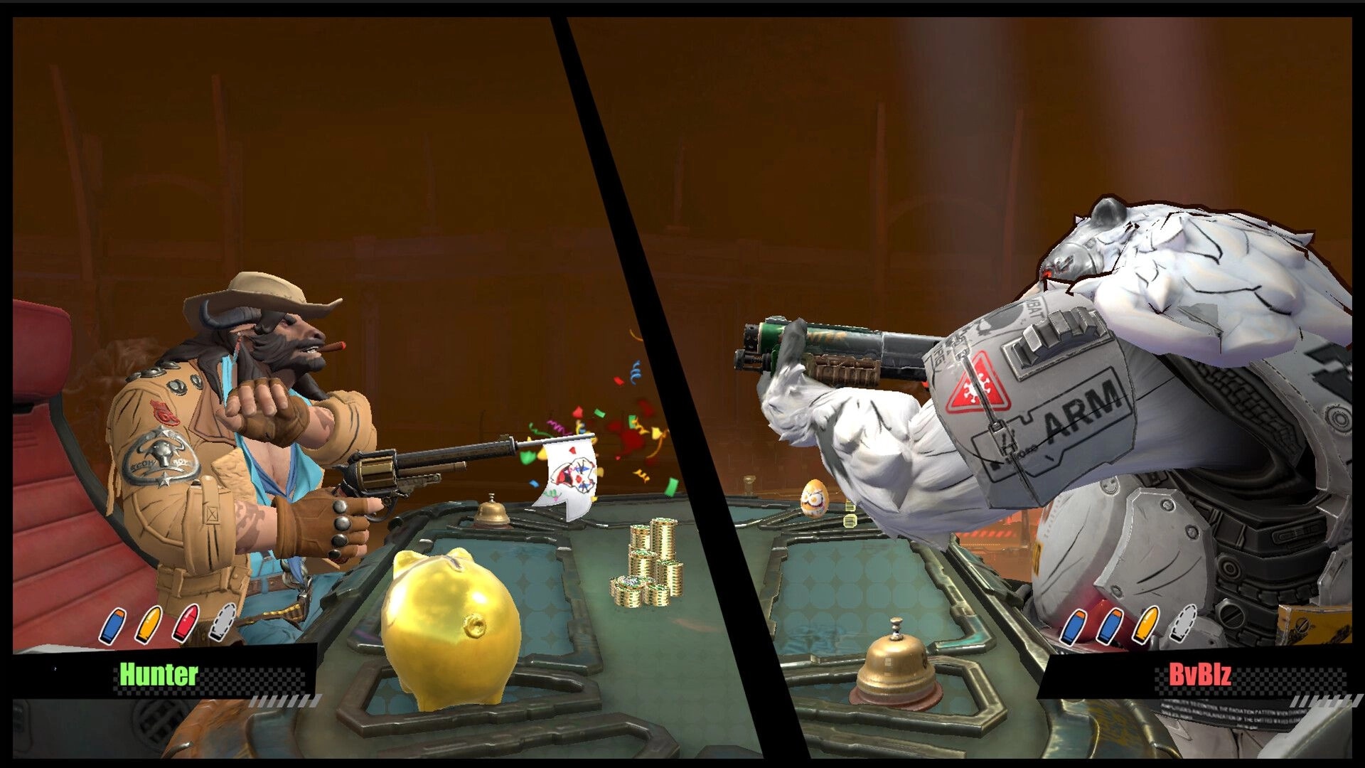 Hunter Roulette: Standoff between two armed characters at a poker table in a dimly lit setting