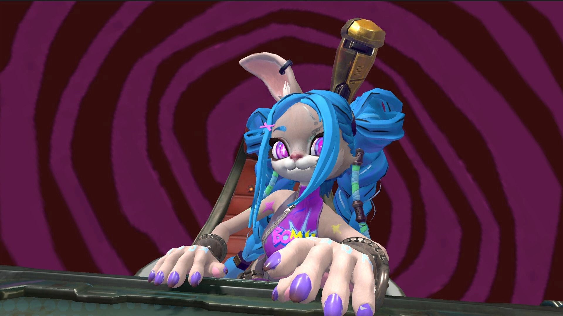 Hunter Roulette: Blue-haired rabbit character with vibrant eyes in a swirling hypnotic background.