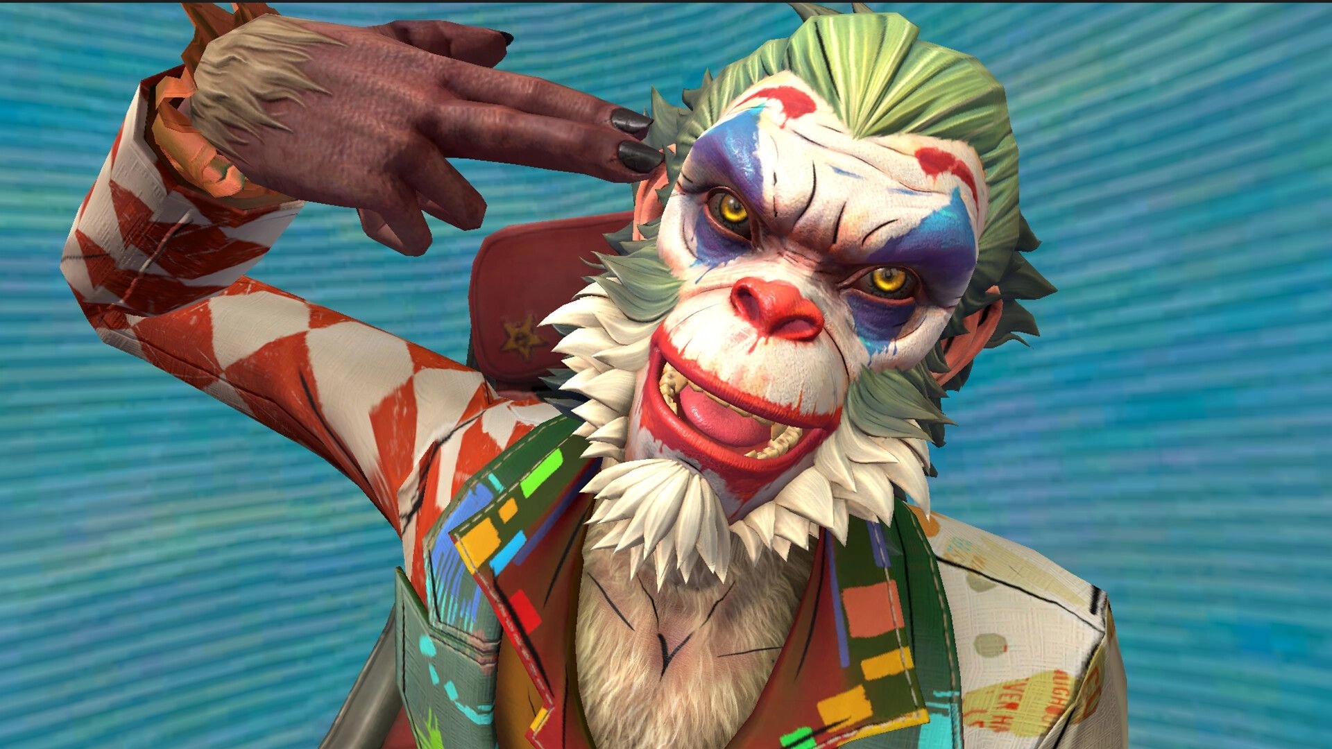 Hunter Roulette: Clown-faced character posing with finger gun gesture in vibrant, colorful outfit