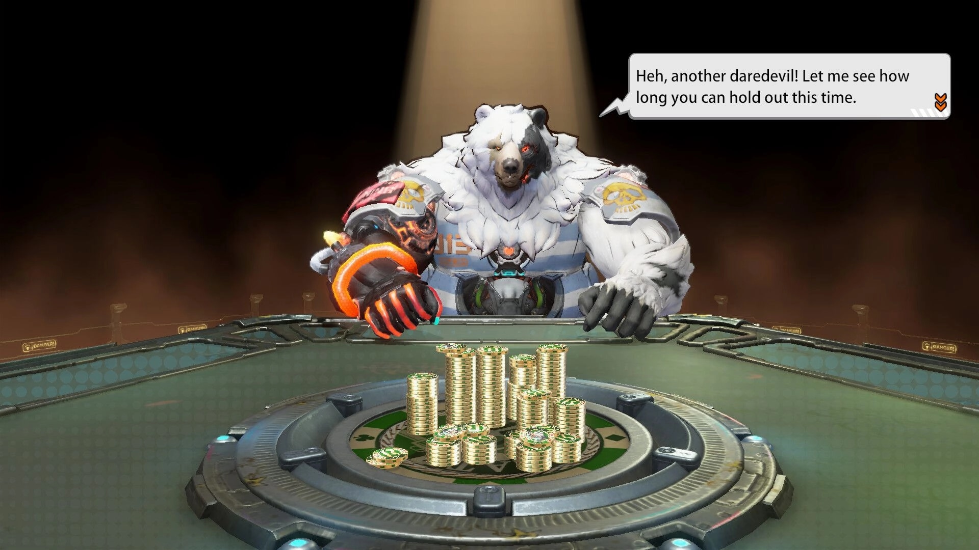 Hunter Roulette: Polar bear dealer taunts player over a table stacked with coins in dark, smoky room.