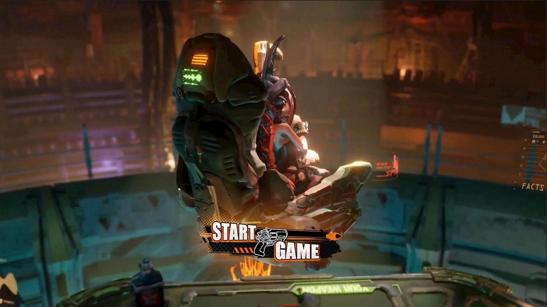 Hunter Roulette: Futuristic character on hovering chair in arena with "Start Game" option visible