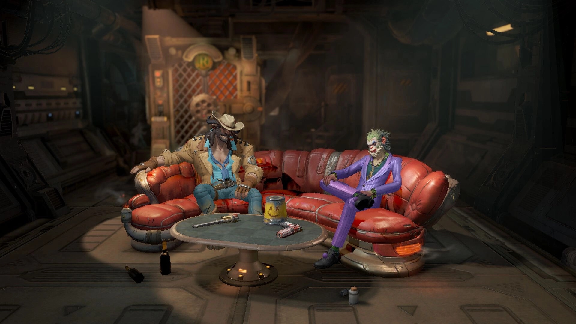 Hunter Roulette: Two characters sit on red sofas in a dimly lit room, surrounded by weapons and drinks.